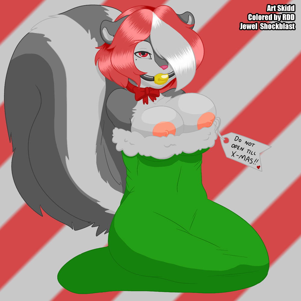 ! anthro areolae ball_gag beauty_mark bell bondage bound breast_press breasts breasts_out character_name christmas christmas_stocking cleavage curvy don't_open_till_christmas female female_only femsub fluffy_tail front_view full_body furry gag gagged gift_wrapped grey_fur hair_over_one_eye heart holidays jewel_(shockblast) jingle_bell kneeling large_breasts mammal milf mole mole_under_eye neck_ribbon nipple_slip nipples original_character pink_nose rdd red_hair skidd skunk solo striped_background tag topless two_tone_fur two_tone_hair white_hair yellow_ball_gag