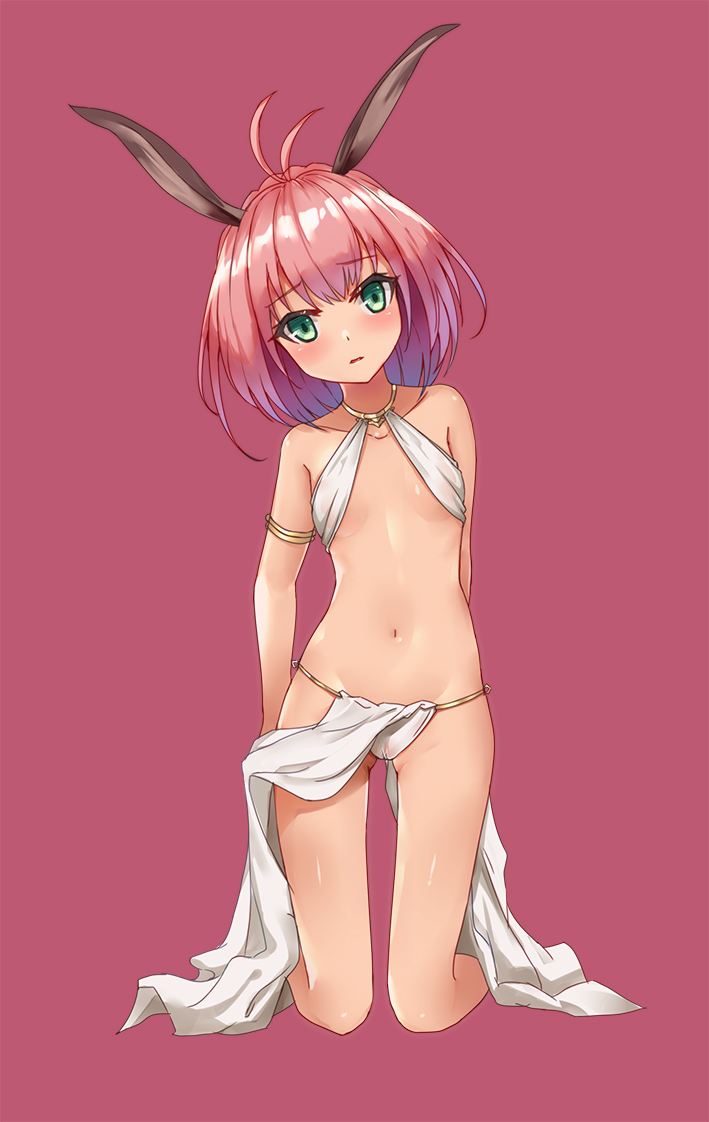 1girls, animal ears, antenna hair, arm behind back, blush, bobo (6630978), breasts, bunny ears, eyebrows visible through hair, female, female only, flat chest, green eyes, isekai maou to shoukan shoujo no dorei majutsu, kneeling, looking at viewer, navel, pink hair, red background, revealing clothes, short hair, simple background, small breasts, solo, sylvie (isekai maou)