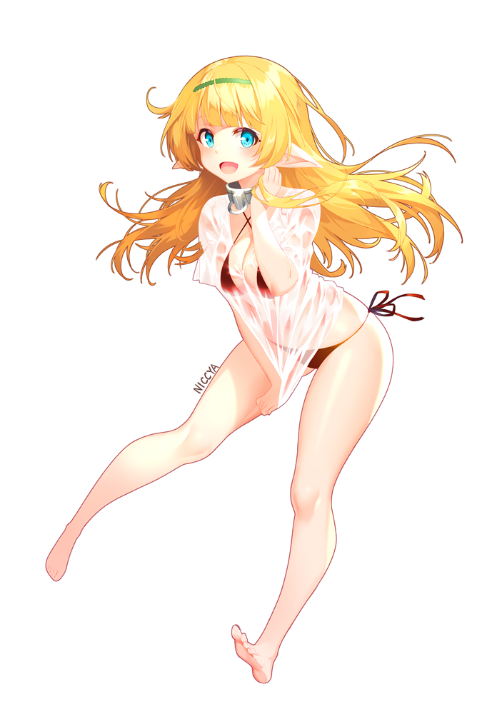 1girls, bangs, barefoot, bikini, black bikini, blonde hair, blue eyes, blush, breasts, cleavage, clothed, collar, feet, female, female only, front view, full body, guohua, hairband, humanoid, isekai maou to shoukan shoujo no dorei majutsu, large breasts, long ears, long hair, looking at viewer, metal collar, open mouth, pointy ears, see-through, shera l. greenwood, side-tie bikini, signature, simple background, soles, solo, t-shirt, toes, very long hair, wet clothes, wet shirt, wet t-shirt, white background