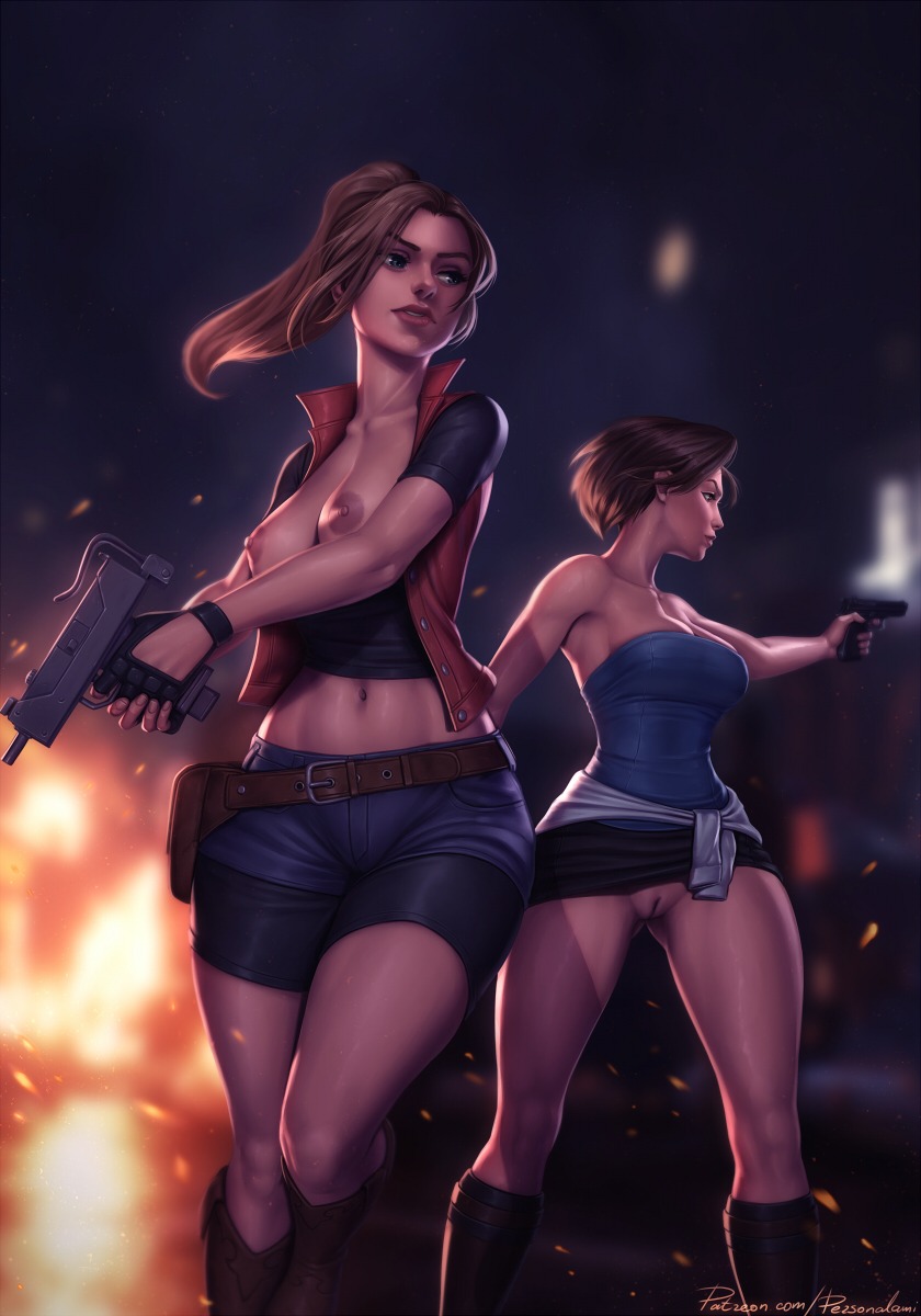 2girls, alternate version available, areolae, big breasts, bike shorts, biohazard, black hair, breasts, breasts out, brown hair, capcom, claire redfield, female, female only, jill valentine, jill valentine (julia voth), large breasts, long hair, multiple females, multiple girls, nipples, no bra, no panties, no panties under skirt, personalami, ponytail, pussy, pussy peek, resident evil, shaved pussy, short hair, tubetop, uncensored