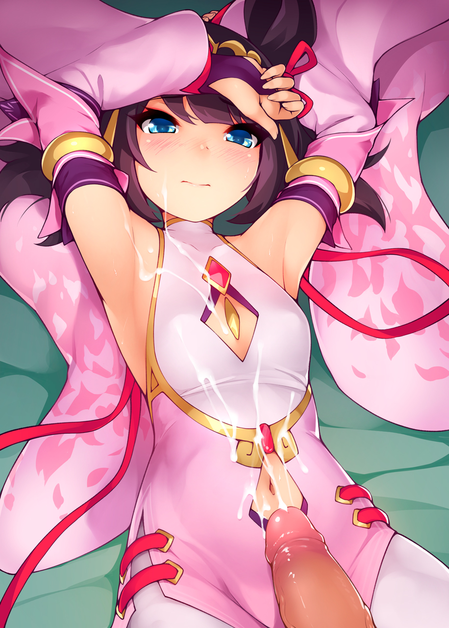 1boy 1girls arms_above_head bed black_hair blue_eyes blush breasts china_dress cleavage clothed clothed_female cum cum_on_body cum_on_breasts cum_on_clothes cum_on_lower_body cumshot cygames dragalia_lost female green_eyes kerasu light_skin lin_you looking_at_viewer male nintendo offscreen_character on_back penis petite ricegnat small_breasts