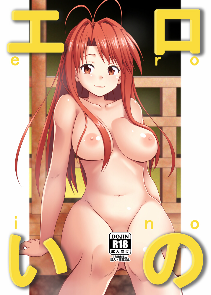 1girls antenna_hair areolae breasts brown_eyes brown_hair collarbone commentary_request convenient_censoring cover cover_page doujin_cover female female_only hair_intakes human large_breasts long_hair looking_at_viewer love_hina narusegawa_naru nase navel nipples nude sitting smirk solo text wide_hips