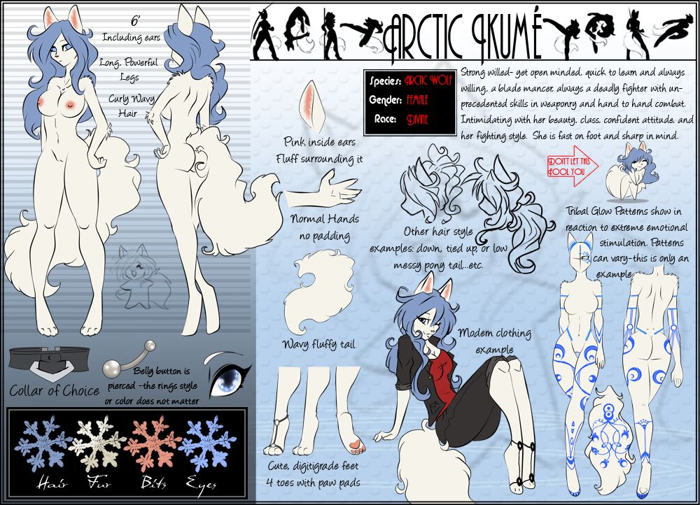 arctic-sekai arctic_wolf blue_eyes blue_hair breasts canid canine canis clothed clothing collar english_text female fur hair mammal markings model_sheet nude pussy solo text white_fur wolf