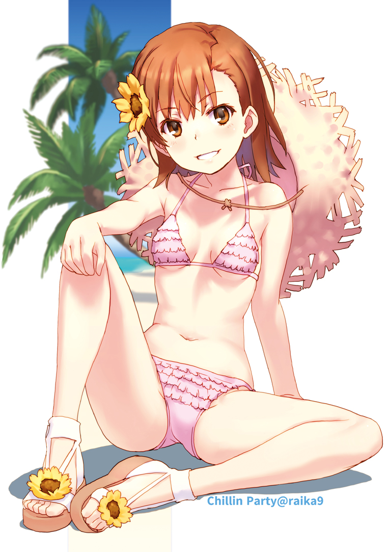 1girls, bangs, bikini, blue sky, blurry, blush, breasts, brown eyes, brown footwear, brown hair, day, female, flower, full body, grin, hair flower, knee up, looking at viewer, midriff, misaka mikoto, navel, open toe shoes, pink bikini, raika9, sandals, sitting, sky, small breasts, smile, solo, stomach, swimsuit, teenage female, teenager, thighs, to aru kagaku no railgun, to aru majutsu no index, young
