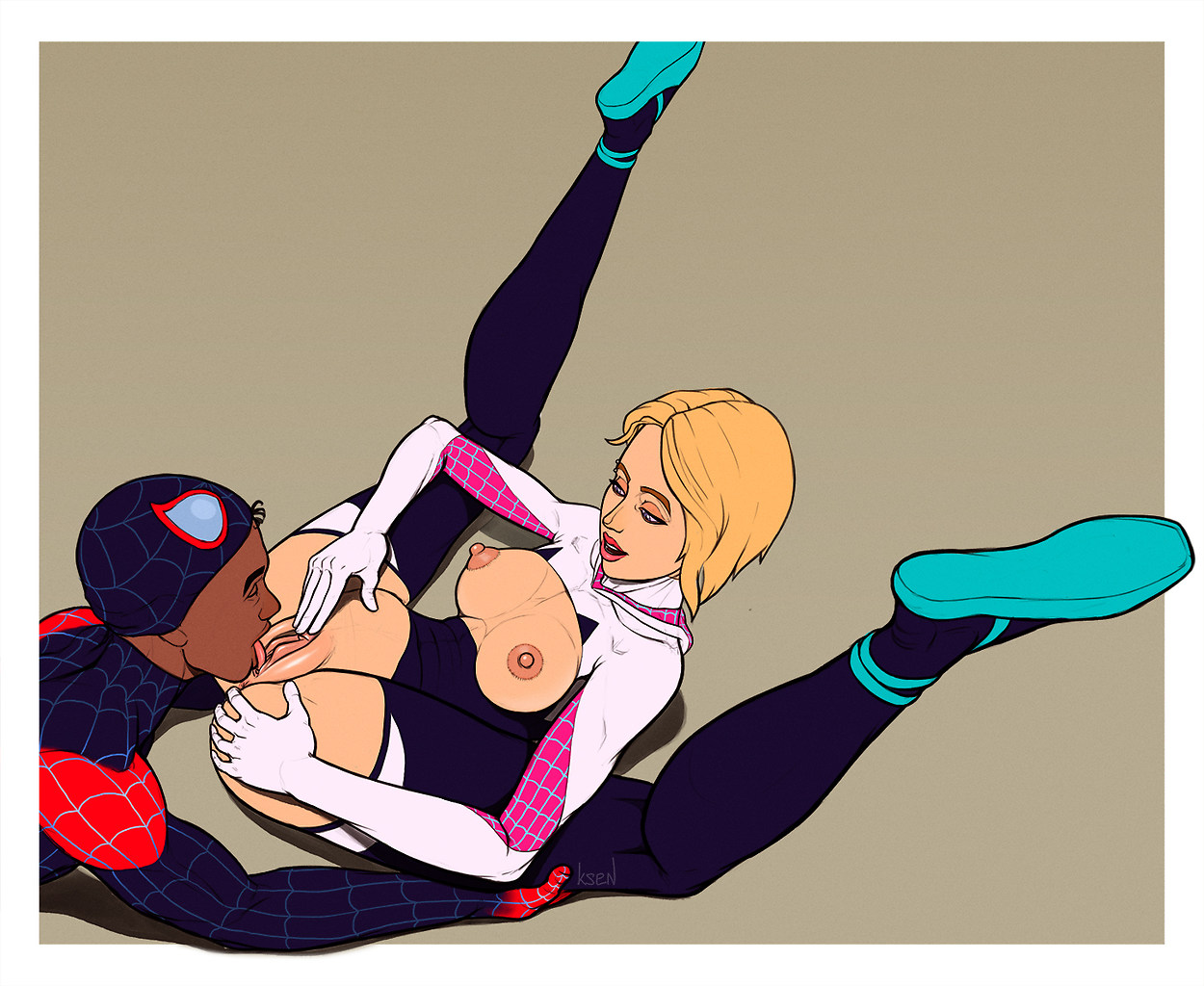 1boy, 1girls, asymmetrical hair, breasts, cunnilingus, dark skin, dark-skinned male, female, gloves, gwen stacy, gwen stacy (spider-verse), interracial, ksen, male, marvel, marvel comics, miles morales, nipples, piercing, pussy, spider-gwen, spider-man (miles morales), spider-man (series), spider-man: into the spider-verse, straight hair, superhero, superhero costume, superheroine, uniform, vagina