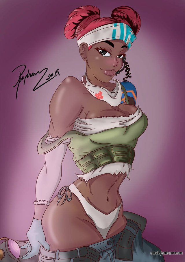 apex legends, artist name, artist signature, ass visible through thighs, blush, breasts, cleavage, dark skin, dark-skinned female, female, lifeline (apex legends), looking at viewer, panties, pink hair, raphaarts (artist), stripping, undressing, video games