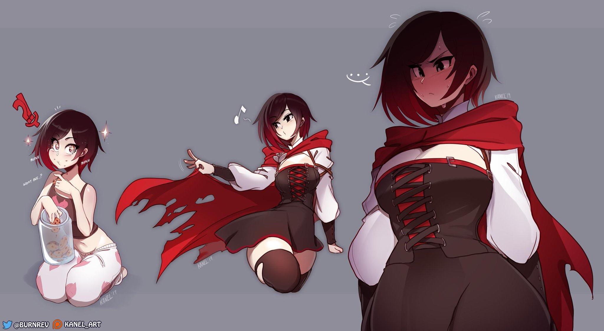 1girls, 2019, clothing, cookie, cute, female, female only, kanel, rooster teeth, ruby rose, rwby, solo, two-tone hair, wide hips