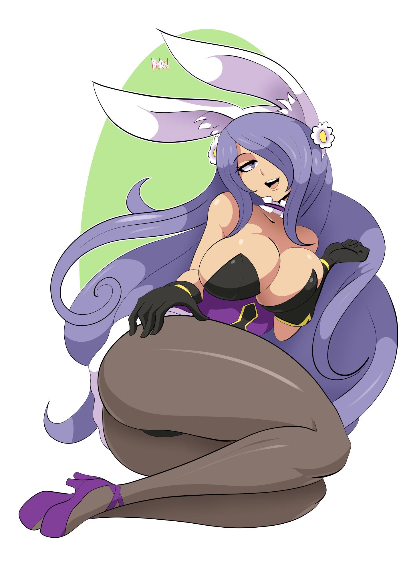 big breasts, bigdeadalive, black gloves, breasts, bunny suit, camilla (fire emblem), cleavage, clothed, female, fire emblem, fire emblem fates, fire emblem heroes, gloves, huge breasts, nintendo, pantyhose, purple eyes, purple hair
