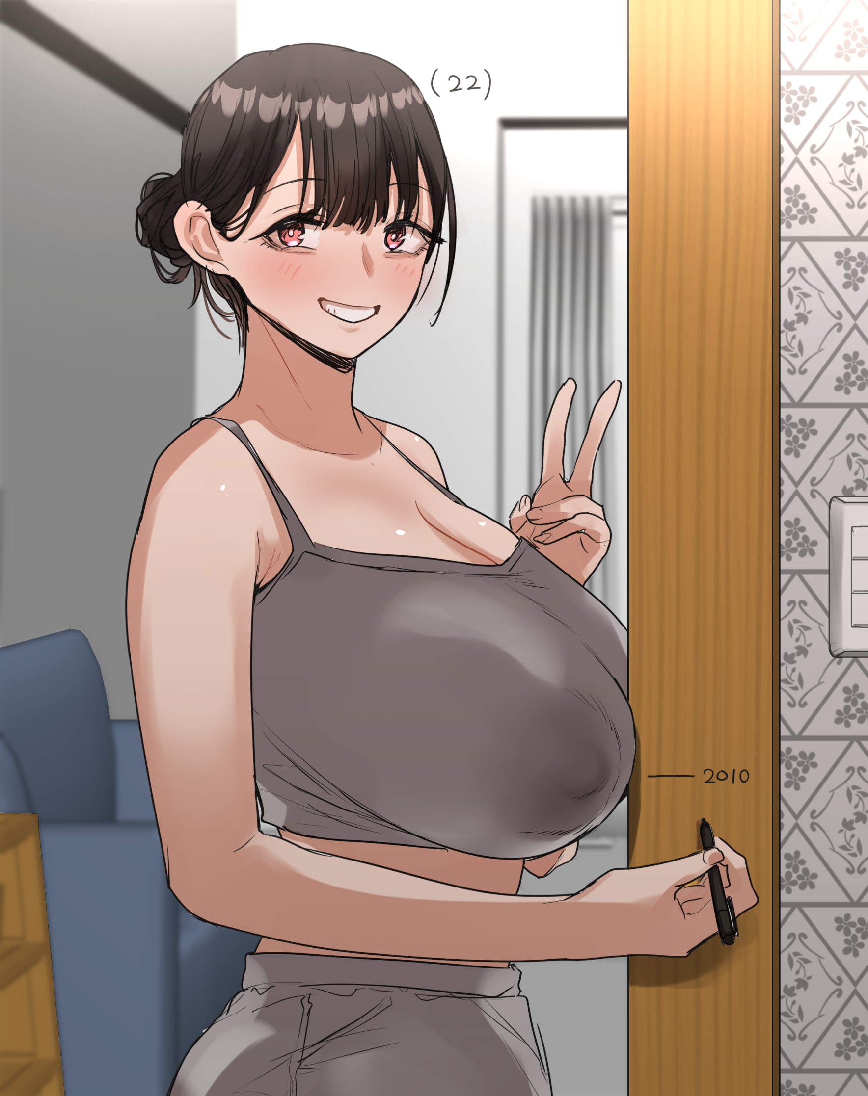 1girls, age progression, bangs, bare arms, bare shoulders, black hair, blush, breasts, character age, covered nipples, crop top, doorframe, female, female focus, female only, from side, grey tank top, hair bun, holding object, holding pen, huge breasts, indoors, large breasts, nipple bulge, nipples, open mouth, orange eyes, original, original character, pen, ricochet-gou, sagging breasts, short hair, single hair bun, smile, smiling at viewer, solo female, solo focus, tank top, v-sign, wallpaper (object)