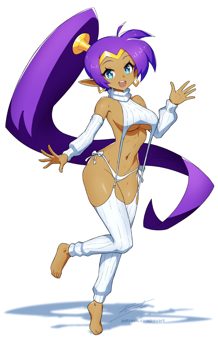 1girls, barefoot, belly, big breasts, blue eyes, bottomwear, breasts, cleavage, ear piercing, earrings, female, female only, hair, hips, hoop earrings, jewelry, pointy ears, ponytail, purple hair, revenantart, shantae, shantae (character), skimpy, smile, solo, solo female, sweater, sweater only, thighs, topwear, virgin destroyer sweater, virgin killer sweater