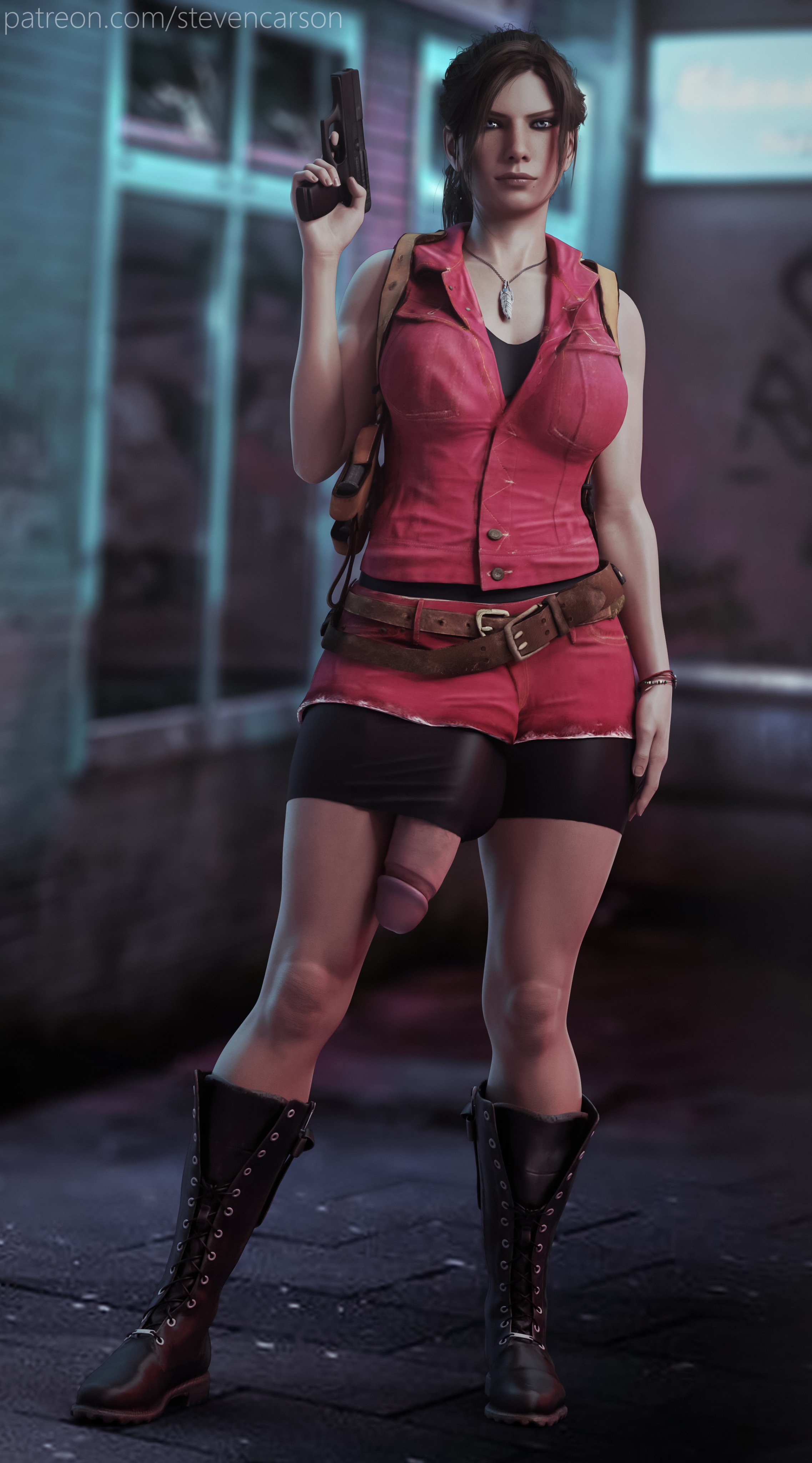 1futa, 3d, absurdres, balls, balls bulge, balls under clothes, bike shorts, boots, breasts, cameltail, casual, casual erection, casual exposure, claire redfield, cleavage, clothing, curvy, dickgirl, erection, exposed, exposed penis, firearm, futa only, futanari, gun, handgun, highres, huge penis, human, ineffective clothing, intersex, large balls, large breasts, looking at viewer, oblivious, pale skin, penis, penis bulge, penis out, penis under clothes, public, realistic, resident evil, small clothes, solo, solo futa, stevencarson, weapon, wide hips