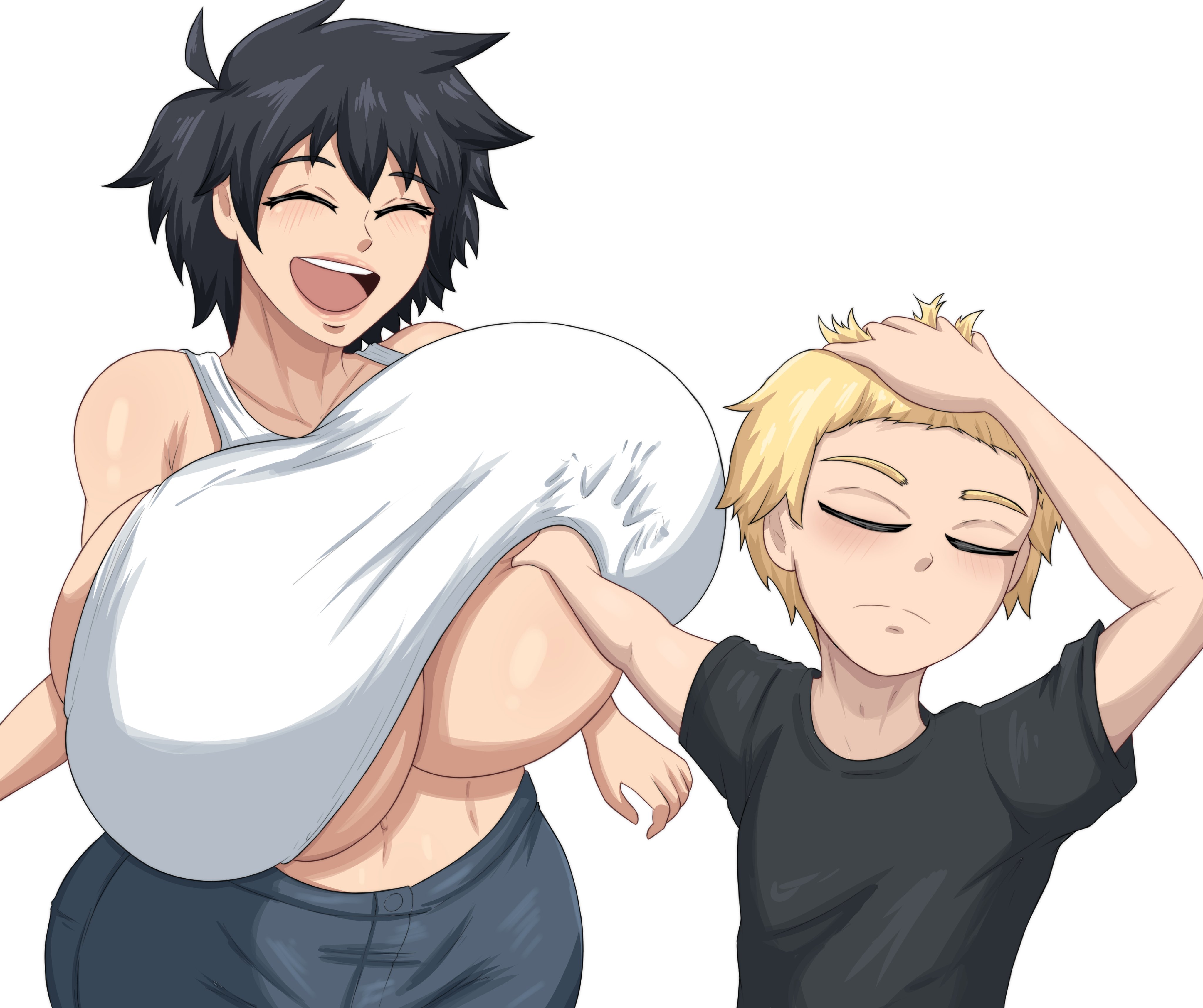 1boy, 1boy1girl, 1girl1boy, 1girls, 2020s, 2026, 2026s, artistdex, ashley (artistdex), black hair, blonde boy, blonde hair, breast grab, breasts, breasts bigger than head, breasts bigger than torso, cleavage, closed eyes, fondling, fondling breast, giant breasts, gigantic tiddies, gigantic tits, gigantic titties, hair, hair flip, hand on breast, hand on hair, hand under shirt, happy, huge breasts, jpg, massive breasts, massive tits, meme, meme reference, naoya hair flip, naoya hitting choso without looking (meme), no background, oc, original, original character, sassy, sassy pose, short hair, shorter male, simple background, smaller male, spiky hair, twitter link, white background, white shirt
