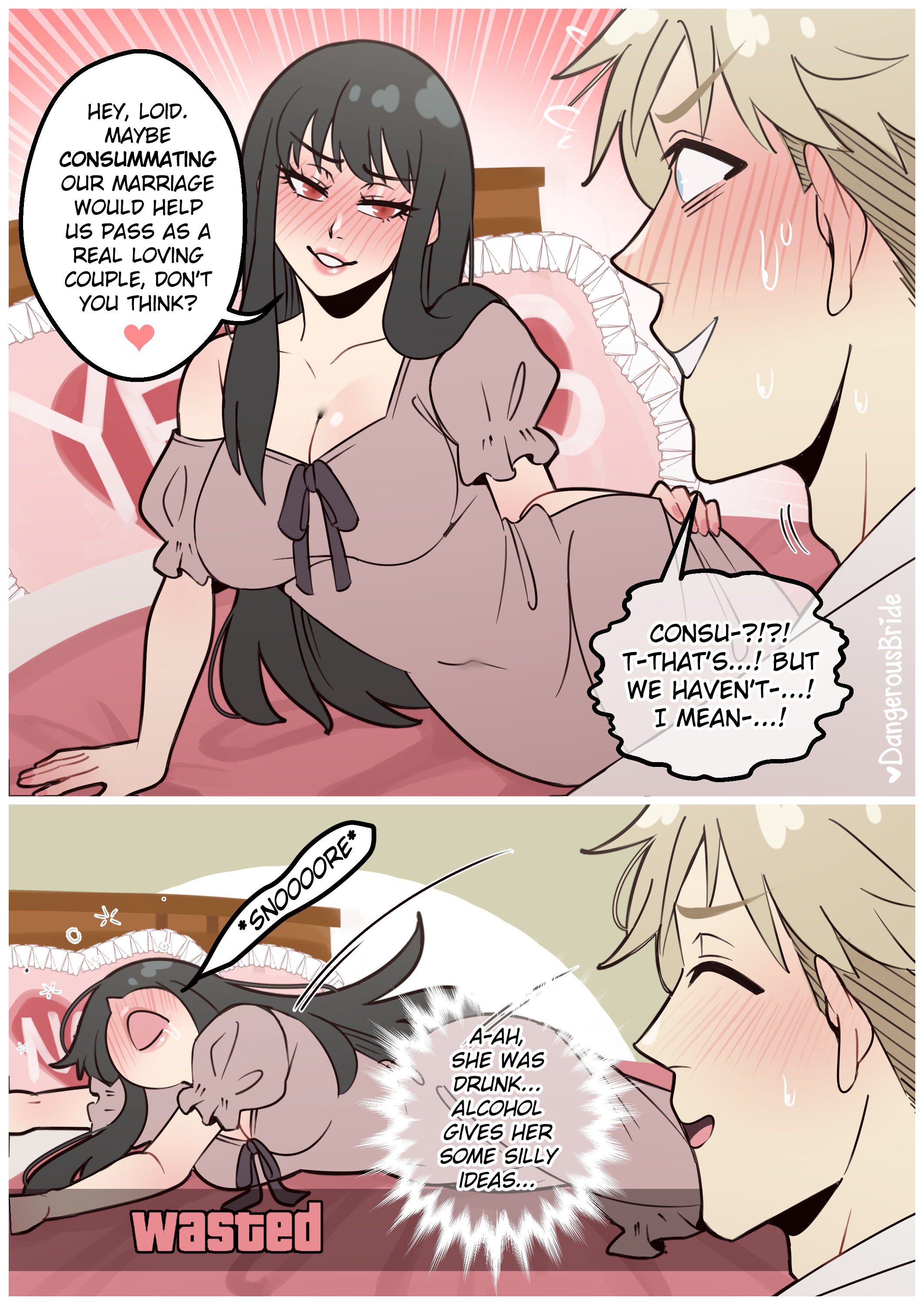 1boy, 1girls, black hair, blonde hair, blue eyes, blush, dangerousbride, dialogue, drunk, english text, female, funny, heavy blush, loid forger, long hair, male, naughty face, on bed, passed out, red eyes, sleeping, speech bubble, spy x family, very high resolution, voluptuous, voluptuous female, yor briar