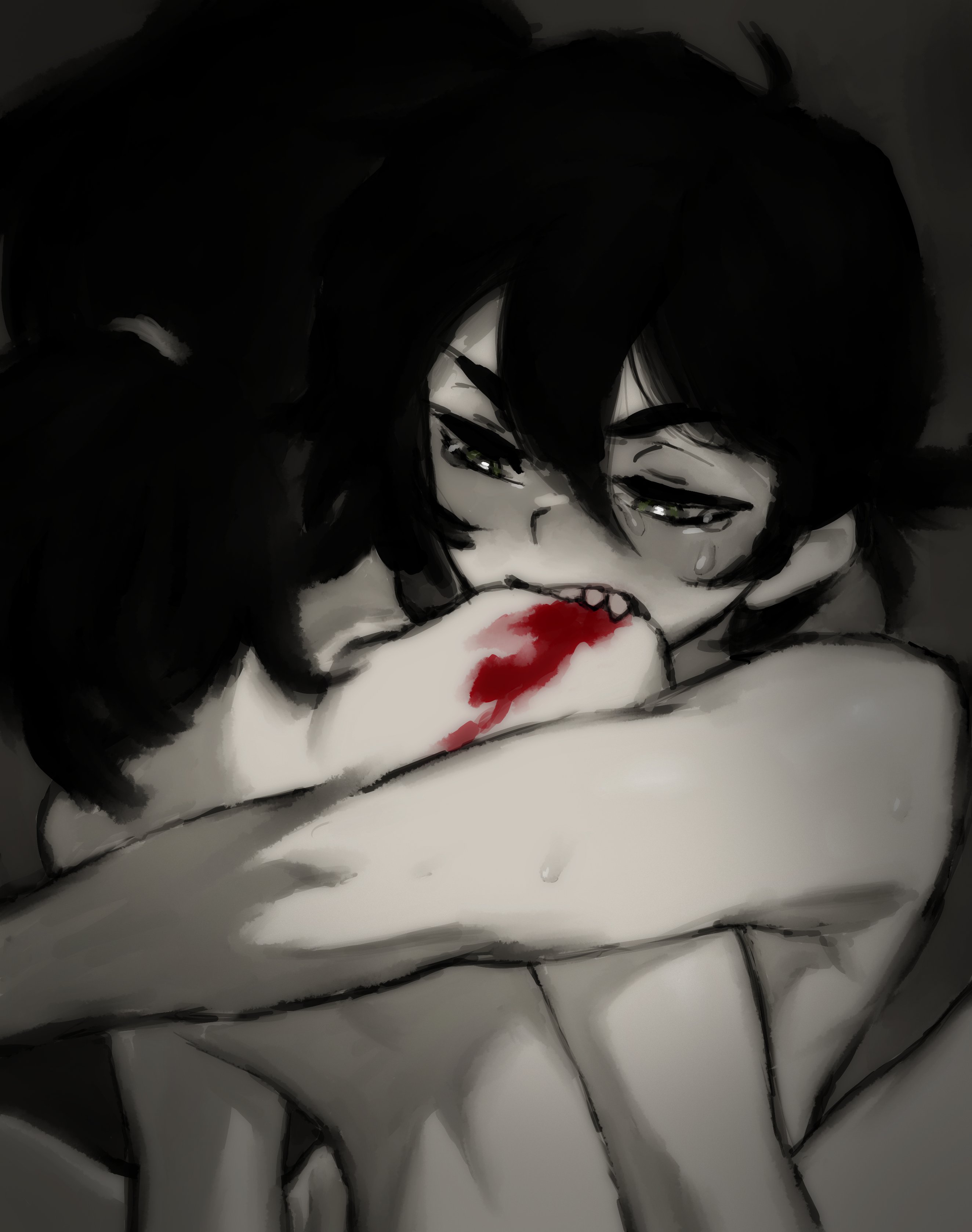 1boy, 1girls, 2d, aldael, andrew graves, ashley graves, bite, biting, black hair, blood, brother and sister, female, green eyes, implied sex, incest, male, nude, ponytail, siblings, straight, the coffin of andy and leyley