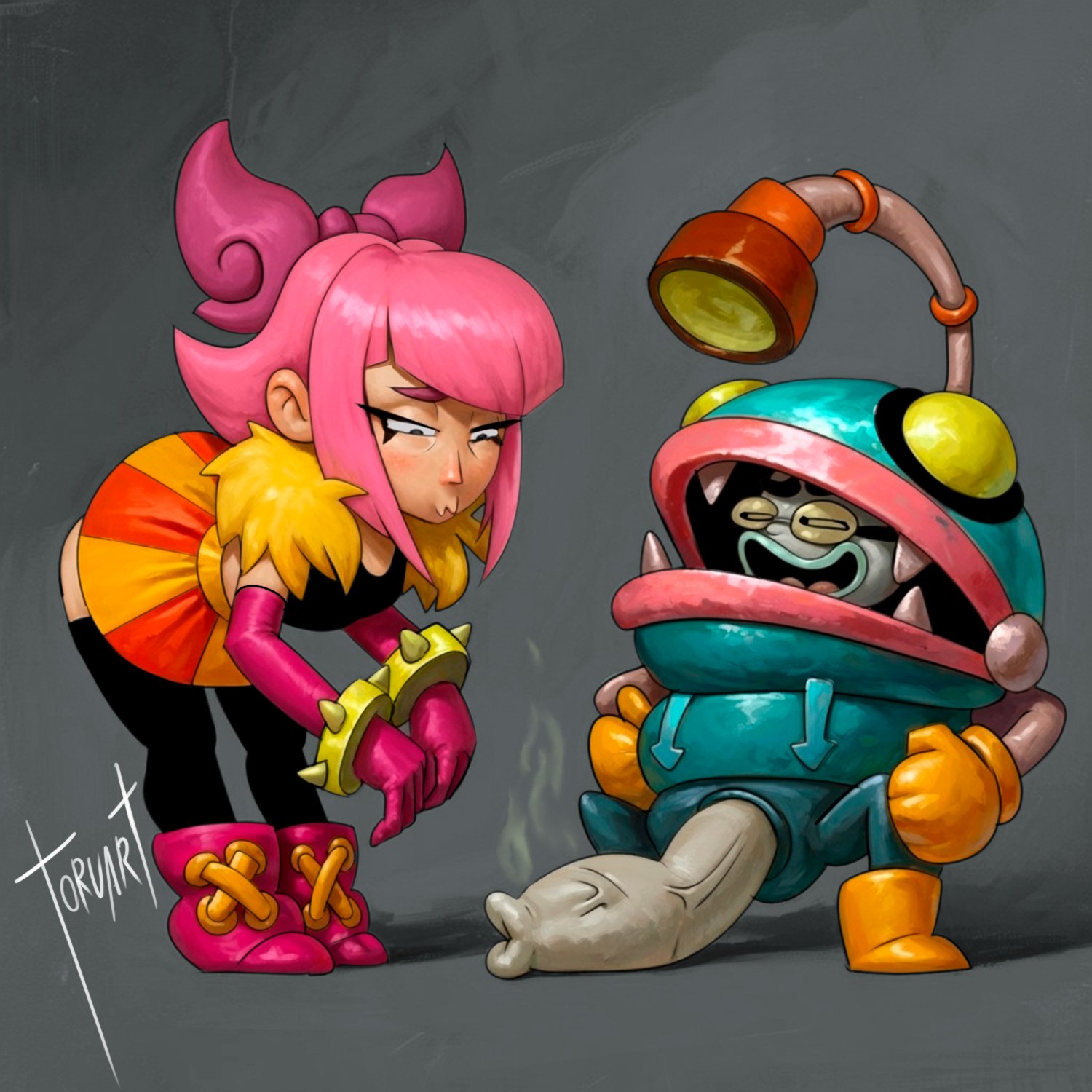 1boy, 1girls, big penis, brawl stars, clothed, dirty cock, dirty penis, disappointed, disappointed look, glasses, glowbert (brawl stars), melodie (brawl stars), nerdy male, no sex, penis out, pink hair, toruart, torule34, weird, weird penis