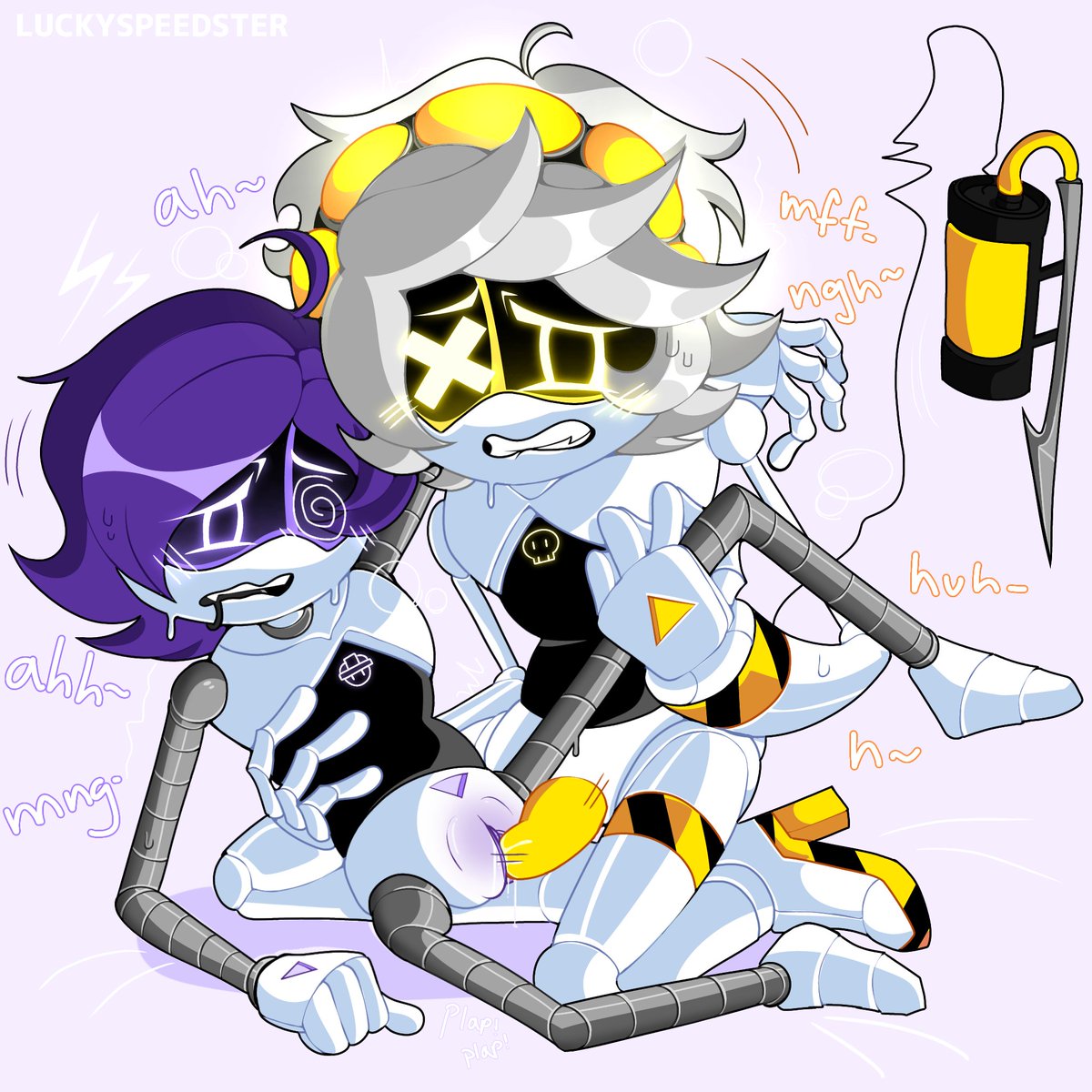 1boy, 1girls, 1girls1boy, grey hair, male/female, murder drones, n (murder drones), penetration, purple hair, sex, straight, uzi (murder drones)