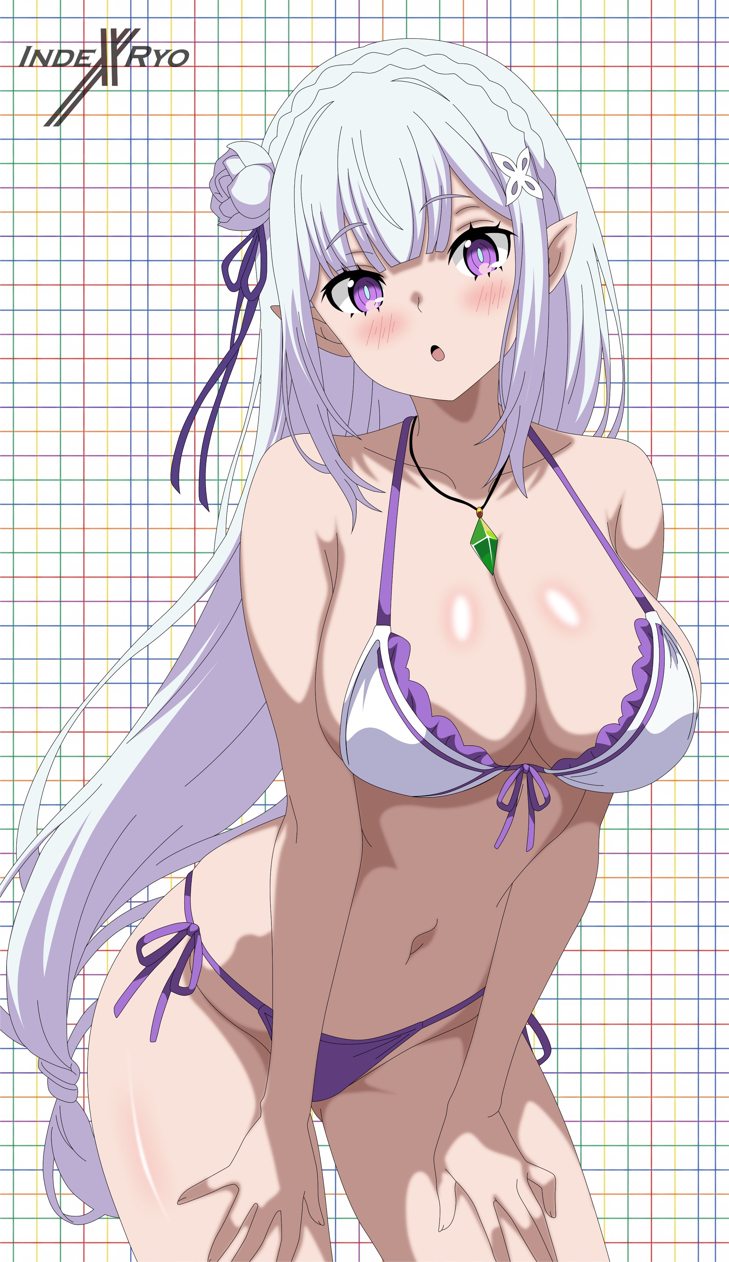 1girls, belly, big breasts, bikini, blush, boobs, breasts, cleavage, elf, elf ears, elf female, emilia (re:zero), half naked, hips, indexryo, large breasts, leaning forward, purple eyes, re:zero kara hajimeru isekai seikatsu, shiny breasts, silver hair, solo, standing, swimsuit, thick thighs