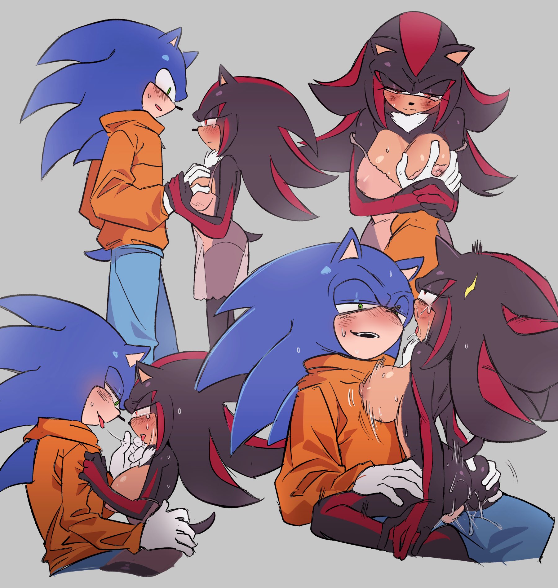 1boy, 1girls, ambiguous penetration, big breasts, blush, breast grab, chest tuft, grabbing ass, grabbing breasts, height difference, hoodie, junisnowhere, older female, orange hoodie, rule 63, sega, shade the hedgehog, shadow the hedgehog, size difference, sonic (series), sonic the hedgehog, sonic the hedgehog (series), story at source, white gloves