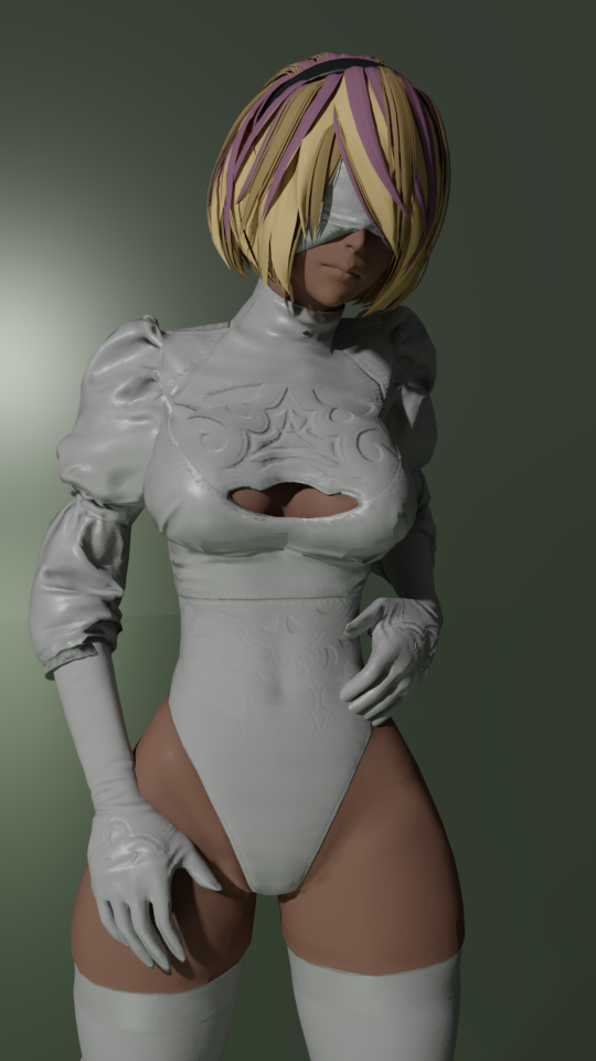 3d android big_ass big_breasts blender blindfold blonde_hair bodysuit breasts hi_res high_heels highres leotard nier:_automata pose poster pqasfm sex_doll tagme tan tan_skin white_hair yorha_2b