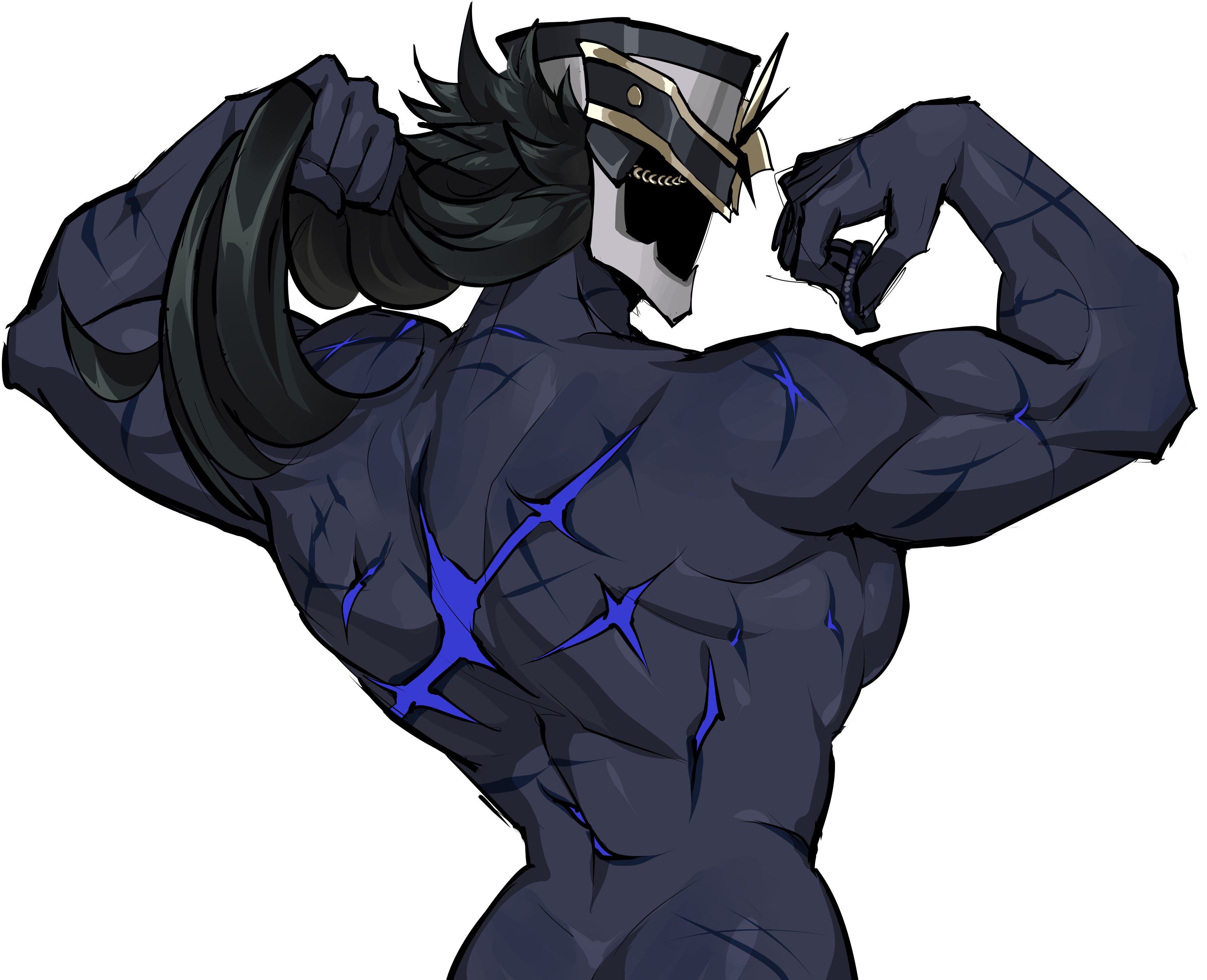 back view, capitano (genshin impact), flanco, genshin impact, male, male only, masked, masked male, muscular, muscular back, muscular male, no visible genitalia, solo