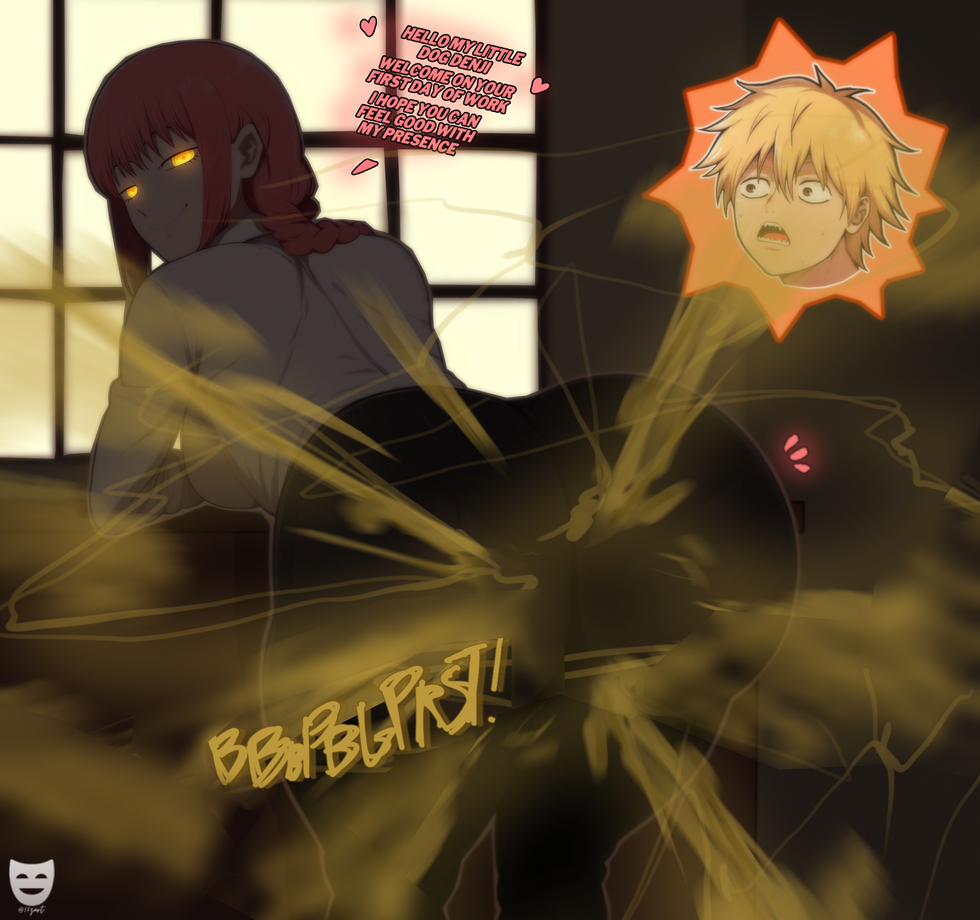 1boy, 1boy1girl, 1girls, big ass, black pants, blonde hair, denji (chainsaw man), dress, fart, fart cloud, farting, glowing eyes, makima (chainsaw man), red hair, tight clothing, z-art