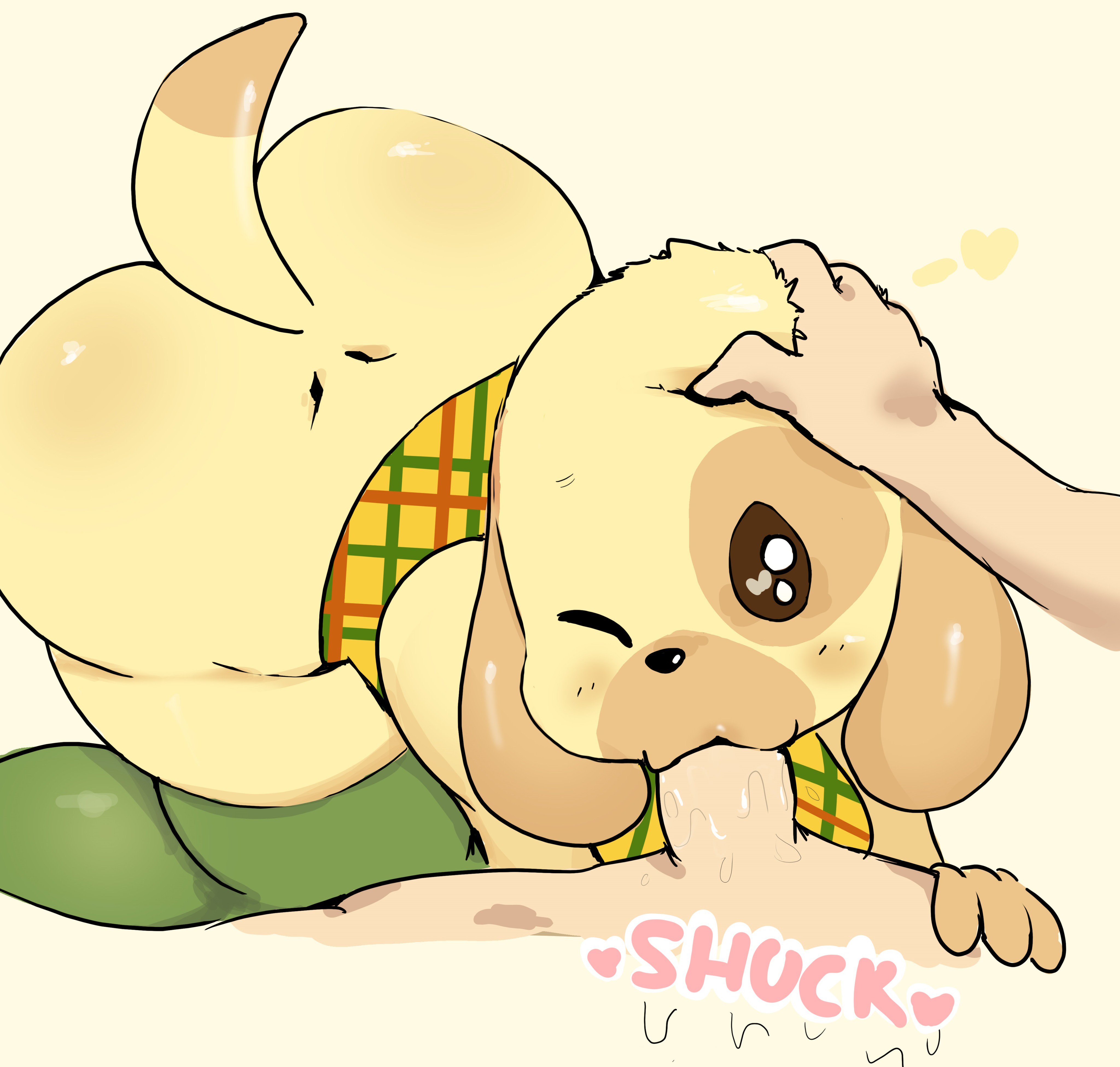 :3, 1boy, 1girls, 2019, absurdres, all fours, animal crossing, animal ears, bare shoulders, blank eyes, blush, blush stickers, bottomless, brown eyes, clothed female nude male, dog ears, dog girl, dog tail, erection, fellatio, female, from above, furry, goldie (animal crossing), green legwear, hand on another's head, hand up, heart, heart in eye, highres, interspecies, jpeg artifacts, looking at viewer, male, male pov, multicolored shirt, nintendo, nude, one eye closed, open mouth, oral, penis, plaid, plaid shirt, pov, saliva, shiny, shiny skin, shirt, simple background, skindentation, sleeveless, sleeveless shirt, smile, solo focus, straight, symbol in eye, tail, tanuk kun, thighhighs, uncensored, yellow background