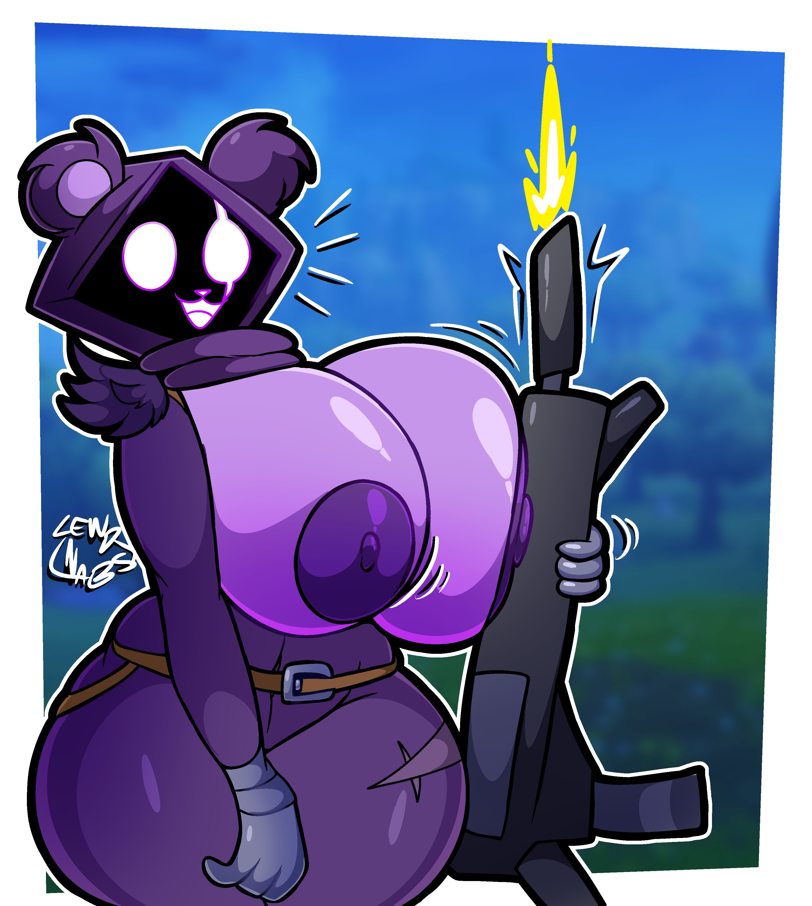2026, 2d, 2d artwork, bear girl, big breasts, breasts, breasts bigger than head, epic games, firing gun, fortnite, glowing eyes, gun, high quality, high resolution, huge breasts, leirnabs, lewdnabs, machine gun, purple nipples, raven team leader, tagme, thick thighs