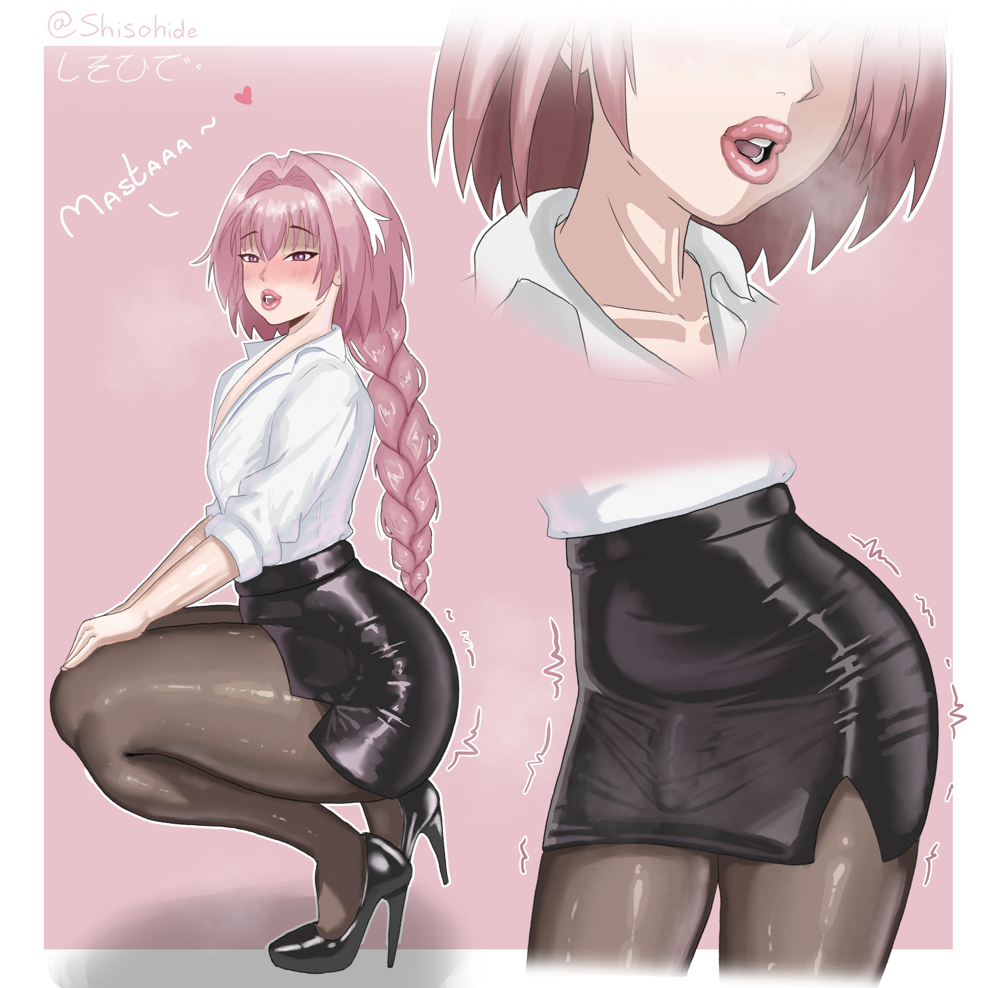 1boy, 2026, astolfo (fate), blush, braid, bulge, crouching, fate (series), fate/grand order, femboy, feminine male, girly, heels, long hair, looking at viewer, male, male only, office clothing, pantyhose, penis bulge, pink eyes, pink hair, pink lipstick, shirt, shisohide, skirt, solo, thick thighs, very high resolution