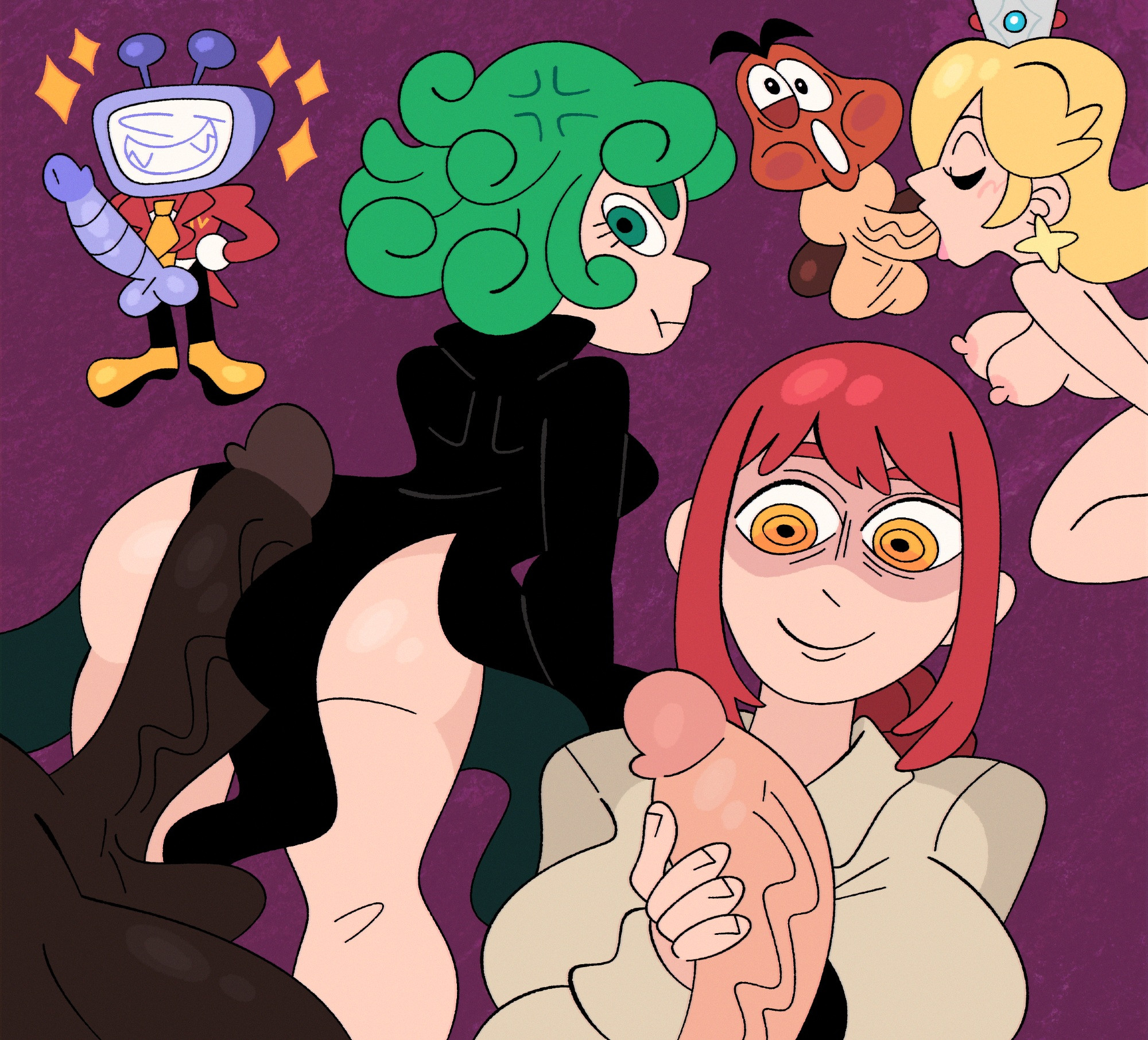 3girls, 4boys, angry, ant tenna, ass, balls, big penis, billspooks, black clothing, blonde hair, chainsaw man, closed eyes, clothing, crossover, crown, dark skin, dark-skinned male, deltarune, ear piercing, erection, eyelashes, faceless male, female, female focus, gadzooks, genitals, goomba, green hair, huge cock, human, human female, human male, human on human, human on humanoid, humanoid, humanoid male, interracial, interspecies, large penis, light skin, light-skinned female, long hair, looking at penis, makima (chainsaw man), male, male/female, mammal, mario (series), mature, mature female, mature male, nintendo, nipples, nude, nude female, one-punch man, oral, oral sex, penis, penis in pussy, princess, princess rosalina, red hair, royalty, sex, shirt, straight, straight sex, tatsumaki, tenna (deltarune), testicles, thick penis, tv head, unseen male face