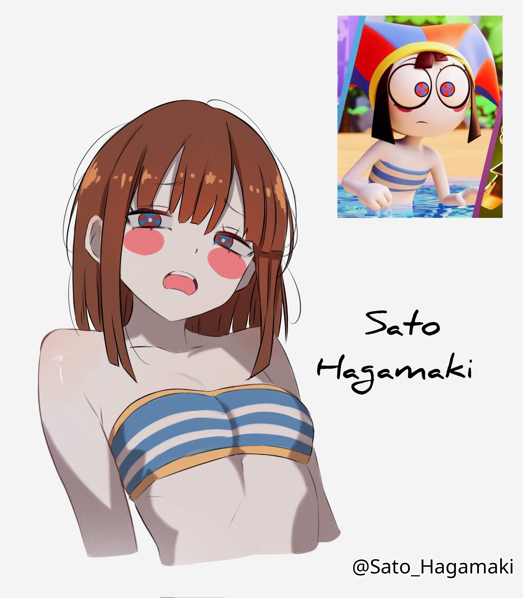 1girls, 2d, 2d (artwork), 2d artwork, alternate art style, bare arms, bare belly, bare chest, bare midriff, bare shoulders, bare skin, belly, bikini, bikini top, blue bikini, blue bikini top, blue eyes, blue swimsuit, blue swimwear, blue-eyed female, breasts, brown hair, brown-haired female, collarbone, digital, digital art, digital drawing, digital drawing (artwork), digital media, digital media (artwork), exposed arms, exposed belly, exposed chest, exposed midriff, exposed shoulders, exposed skin, eyebrows visible through hair, female, female focus, female only, grey skin, grey skinned female, grey-skinned female, head tilt, high resolution, highres, lean figure, long hair, looking at viewer, medium hair, midriff, multicolored eyes, narrow waist, nervous, nervous expression, nervous face, nervous female, open mouth, parted lips, petite, petite body, petite breasts, petite female, petite girl, petite tits, pomni (beach outfit), pomni (the amazing digital circus), red eyes, red-eyed female, sato hagamaki, shoulders, shy, shy expression, shy female, shy girl, simple background, slender body, slender waist, slim waist, small breast, small breasts, solo, standing, swimsuit, swimwear, the amazing digital circus, tilted head, tiny breasts, tongue, two-tone eyes, upper body, upper teeth, white background