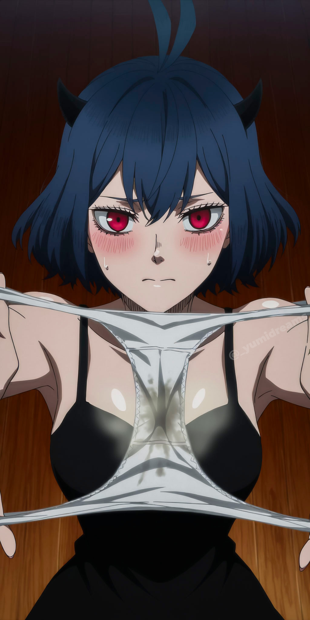  yumidreams, ai generated, black clover, blue hair, blush, dirty panties, horns, looking at viewer, nero (black clover), pale skin, pale-skinned female, panties removed, presenting panties, secre swallowtail, short hair, small breasts, smell, sweat, sweatdrop, sweaty, wet panties, white panties