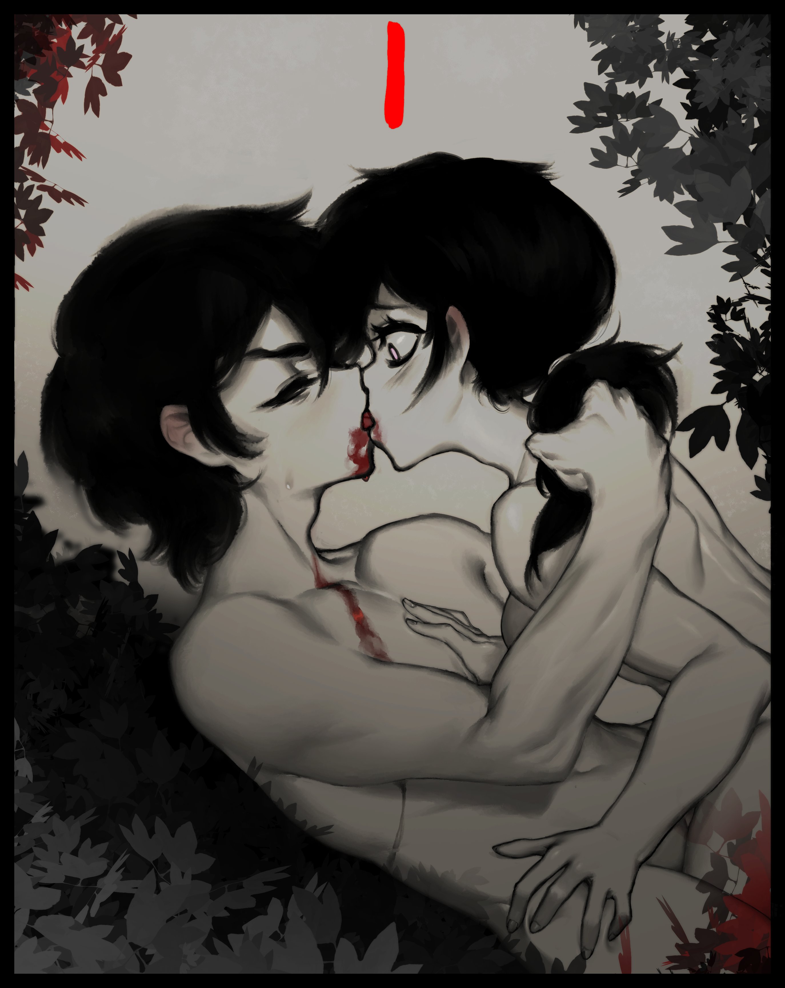 1boy, 1girls, 2d, aldael, andrew graves, ashley graves, black hair, blood, blush, breasts, brother and sister, closed eyes, female, french kiss, incest, kissing, male, nude, pink eyes, ponytail, siblings, straight, surprised, the coffin of andy and leyley, tongue kiss