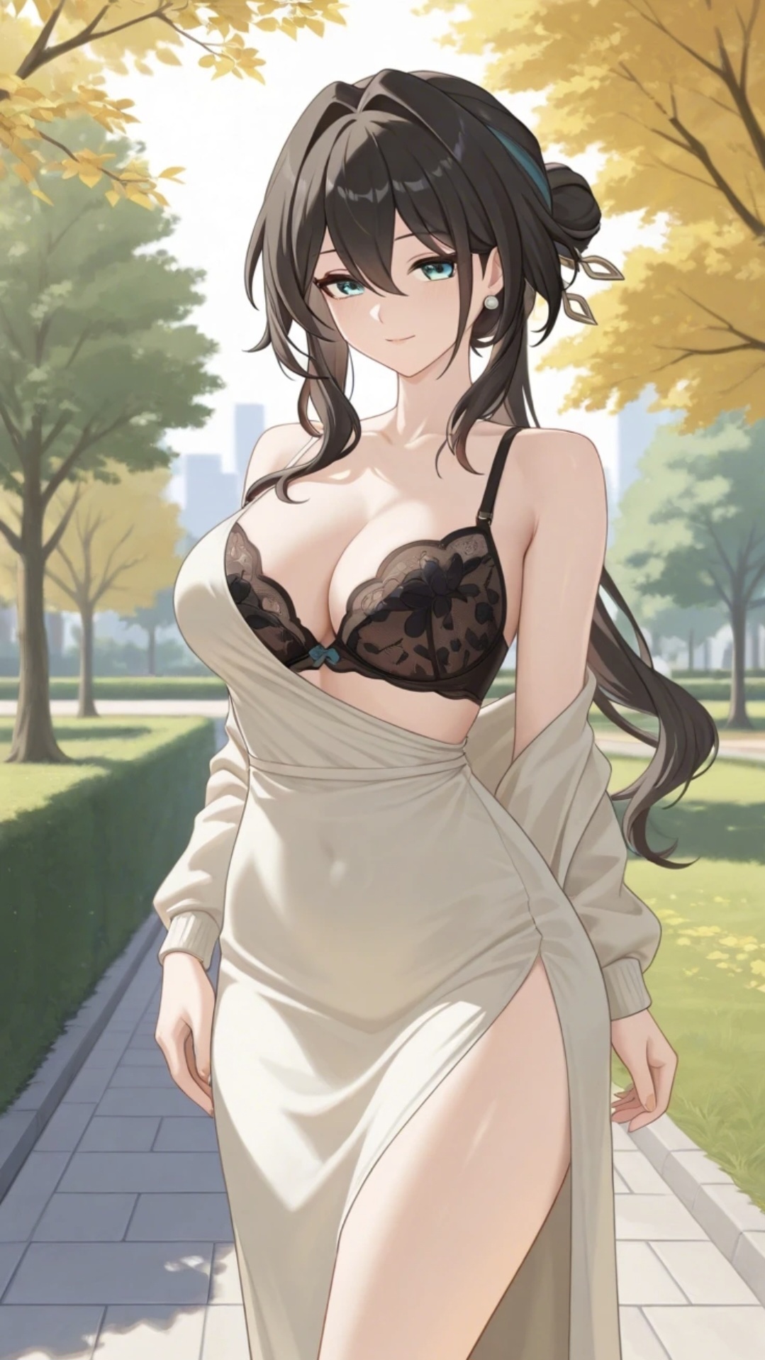 ai generated, alternate costume, bangs, belly button visible through clothing, black bra, bra, breasts, brown hair, clothed, clothed female, clothing, commentary request, dongtan dress, dress, hair ornament, honkai (series), honkai: star rail, hoyoverse, lace, lace trim, lace-trimmed bra, lia the busty redhead, long hair, looking at viewer, mihoyo, multicolored hair, off shoulder, outdoors, outside, park, ruan mei (honkai: star rail), seductive, seductive look, seductive smile, self upload, standing, tagme, teal eyes, thighs, tied hair, tree