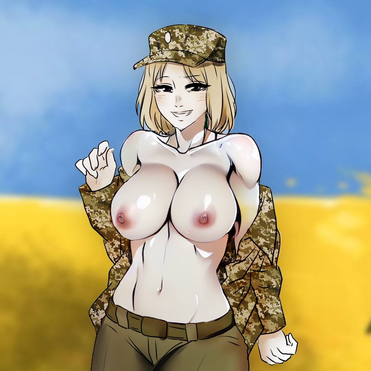 azov chan, beauty, blonde female, blonde hair, cap, exposed breasts, exposed nipples, horny, horny female, marichka, military, military hat, military uniform, partially clothed, sexy, smile, smiling at viewer, ukrainian, ukrainian flag
