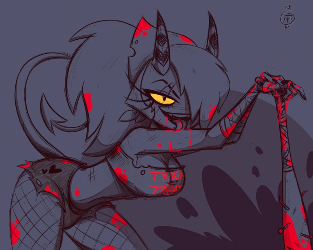 bandana, big ass, big breasts, blood on face, blood stain, bulge, daisy dukes, demon girl, demon tail, fishnets, futanari, hearts, helluva boss, imp (helluva boss), mascara, misspanica1, poster too lazy to tag, ripped clothing, sallie may (helluva boss), sexy, short shorts, solo, spiked bat, tongue out, trans (lore), trans woman, transfem, trick or treat, tubetop, wrapped arms