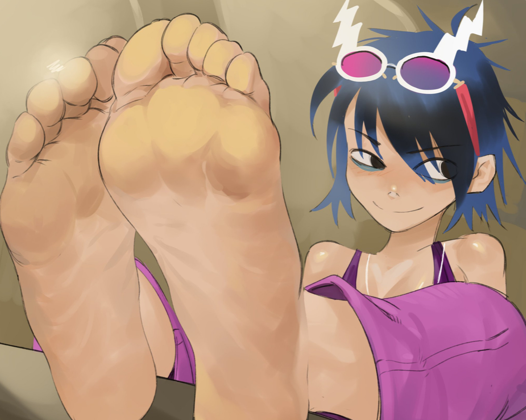1girls, artist request, asian, asian female, barefoot, black hair, blue hair, clothed, eyebags, feet, feet on glass, foot fetish, glasses on head, gorillaz, noodle (cracker island), noodle (gorillaz), purple pants, salmobaliki, smile, solo female, sweaty feet, tank top, toes