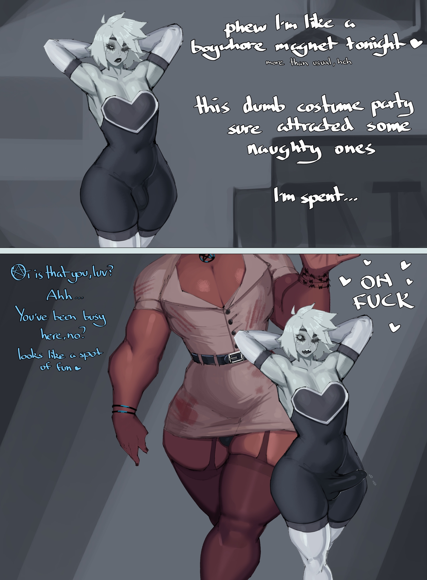 2boys, axred7, buff, bulge, bulge through clothing, crossdressing, crossdressing male, dark skin, dark-skinned femboy, dark-skinned male, erection, erection under clothes, femboy, freckles, freckles on face, goth, goth boy, lipstick, makeup, male only, niko nerobianco, nurse clothing, nurse uniform, otoko no ko, rouge the bat (cosplay), sharp teeth, size difference, someone else's oc, tan, tan body, tan skin, thick thighs, trap, white hair, yaoi