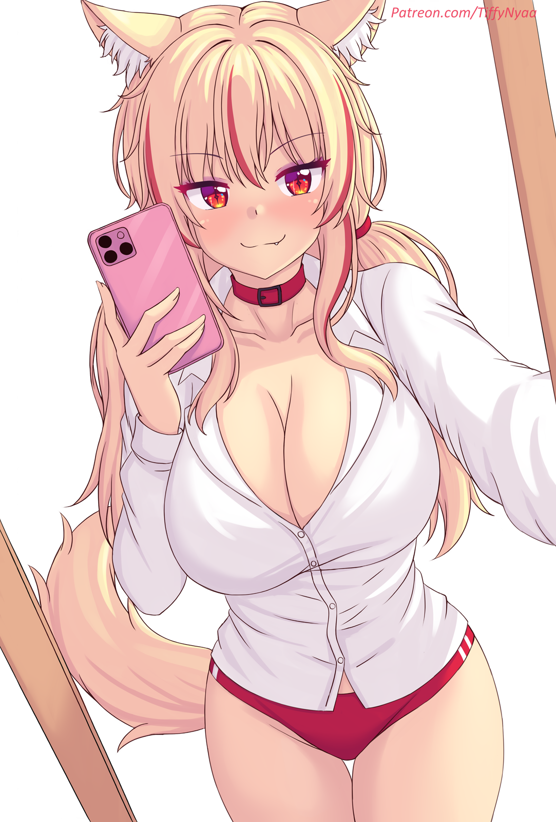 1girls, big breasts, blonde hair, bottomless, cat ears, cat tail, catgirl, choker, cleavage, looking at viewer, original, original character, panties, patreon, patreon username, red collar, selfie, thighs, tiffy, tiffynyaa, twintails