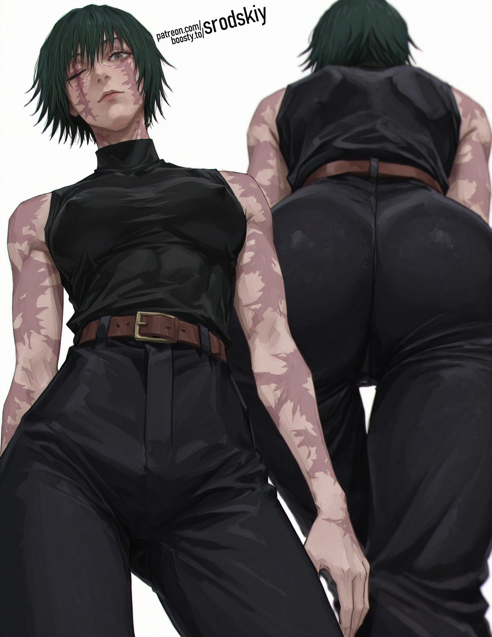1girls, ai generated, ass, ass focus, athletic, athletic female, big ass, big breasts, bubble ass, bubble butt, collage, covered nipples, cute, female, female only, firm ass, from below, front view, green hair, hentai, horny, horny expression, horny female, jujutsu kaisen, large breasts, looking at viewer, low-angle view, maki zenin, multiple angles, multiple poses, multiple views, muscular, muscular female, natural breasts, pants, perky nipples, rear view, scars, sexy, sexy body, sexy pose, shirt, short hair, srodskiy, tagme, thick thighs, thighs, vulgar, wide hips, zenin maki