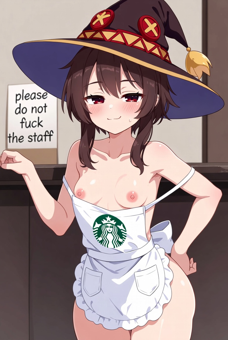 ai generated, apron, blush, brown hair, hand on hip, kono subarashii sekai ni shukufuku wo!, megumin, red eyes, sign, small breasts, smug, starbucks, tits out, witch hat