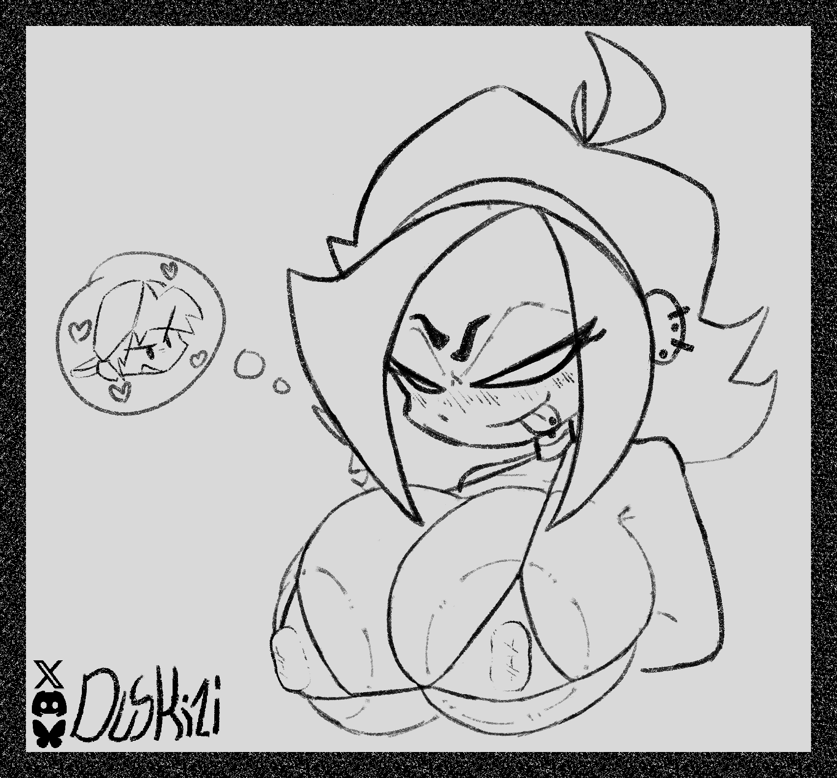 1boy, 1girls, asian female, big breasts, bikini, bikini top, boyfriend (friday night funkin), bust portrait, duskizi, female focus, friday night funkin, monochrome, nene (newgrounds), newgrounds, pico's school, solo, solo focus
