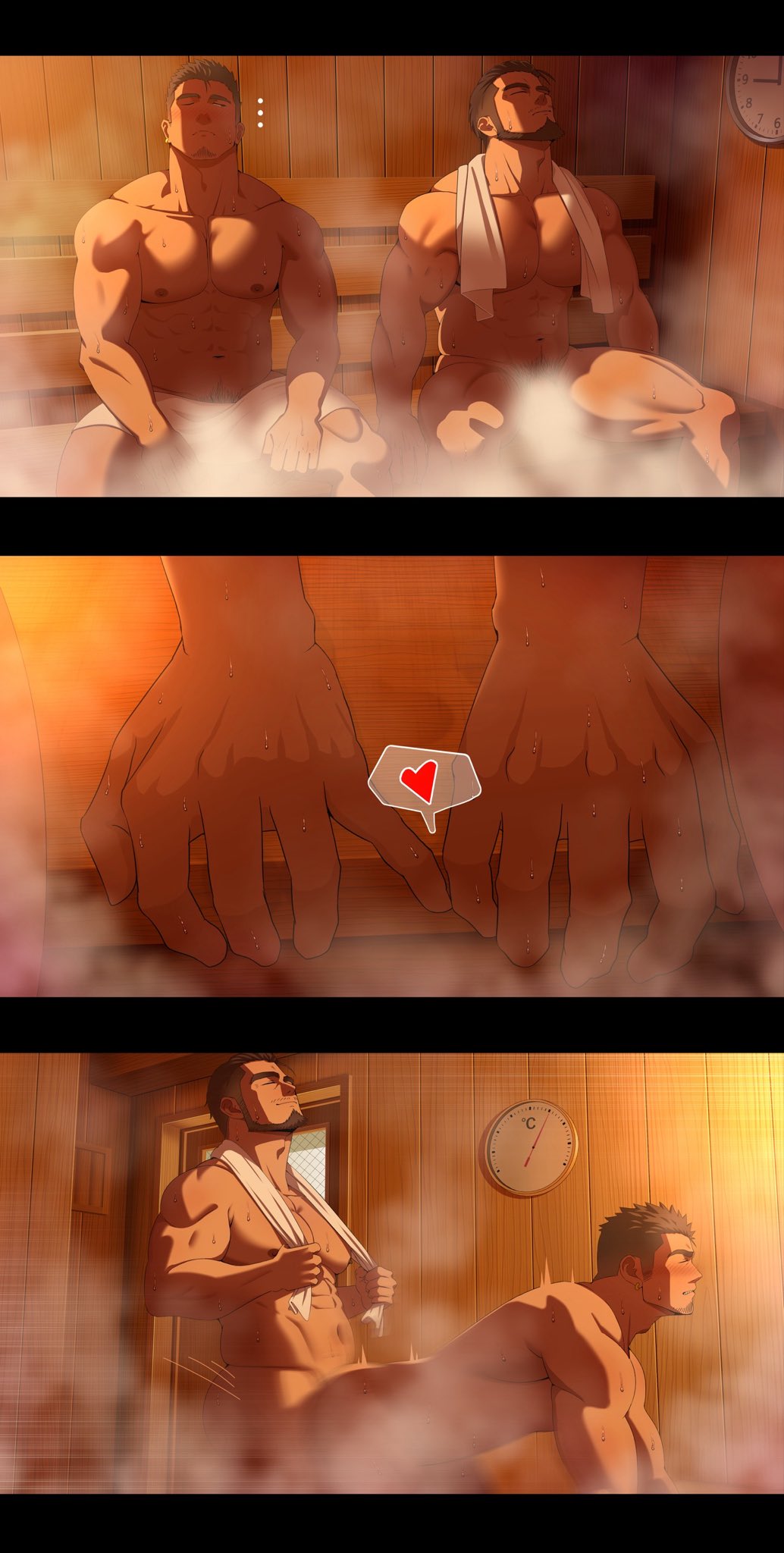 anal, anal sex, bara, beard, doggy style, gay, heart, heart symbol, male, male only, muscular, muscular male, o6o6oroc9, oro9, sauna, standing sex, thrusting into ass, towel around neck