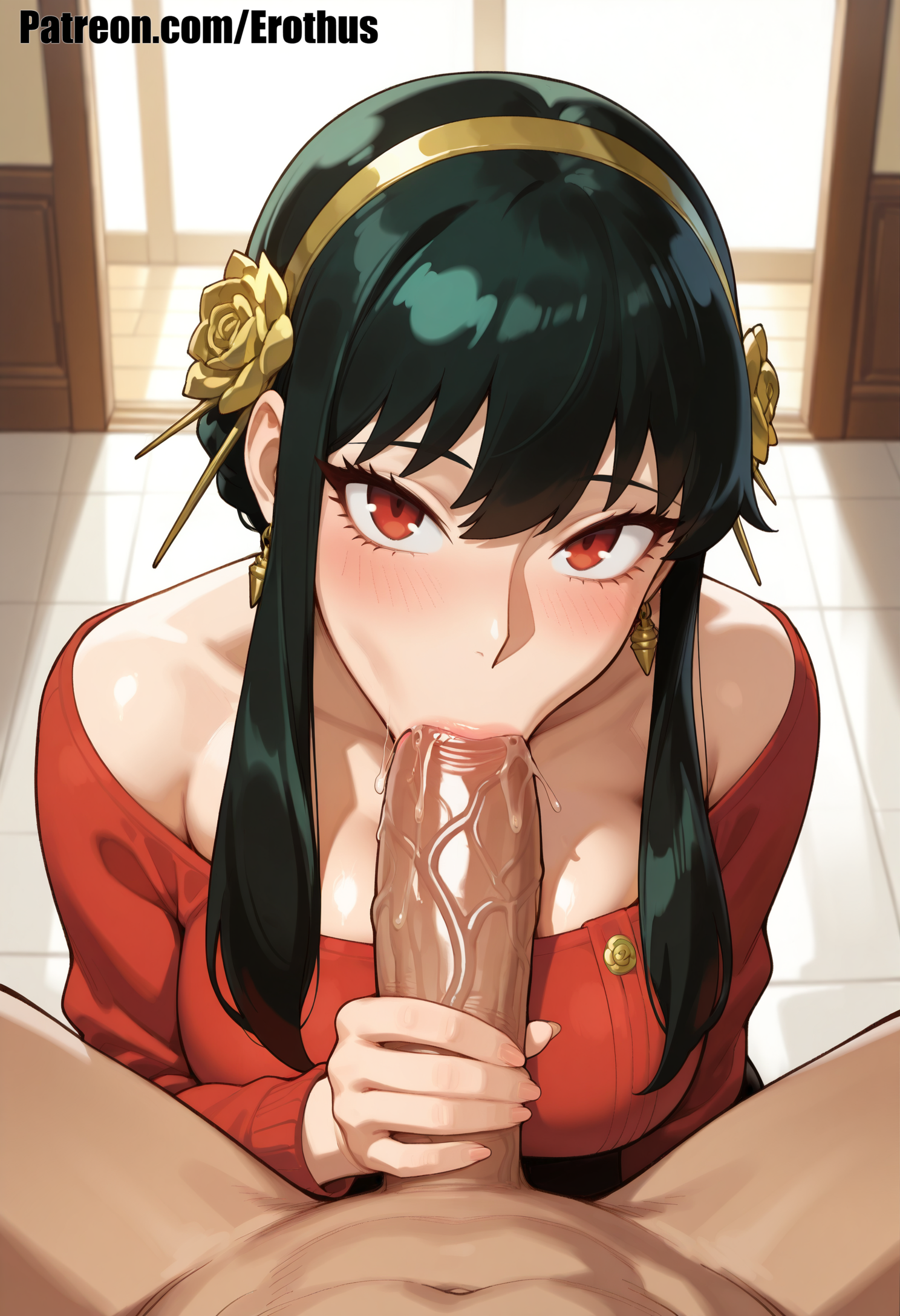 1boy, ai generated, black hair, blush, breasts, clothed female nude male, earrings, erection, erothus, fellatio, female, gold earrings, gold hairband, hair ornament, hairband, jewelry, large breasts, looking at viewer, nude, oral, penis, pov, pov crotch, red eyes, red sweater, short hair with long locks, sidelocks, solo focus, spy x family, straight, sweater, uncensored, veins, veiny penis, yor briar, yor forger