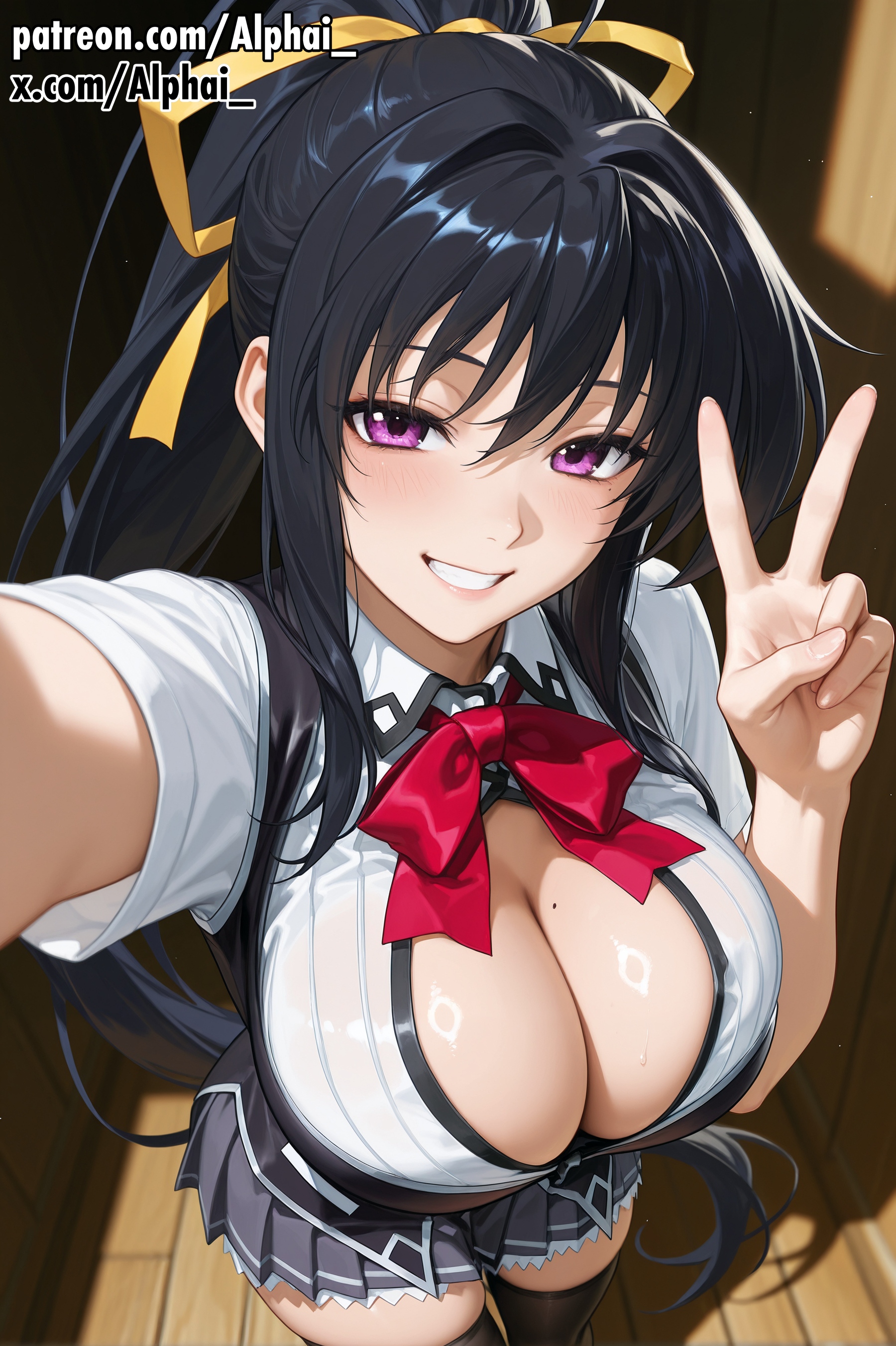 2025, 2026, absurd res, absurdres, ai assisted, ai generated, akeno himejima, alphai, ass, ass bigger than head, black hair, black thighhighs, black vest, blush, blush lines, breasts, brown shoes, cinematic lighting, cleavage, colorful background, curvy, curvy female, curvy figure, depth of field, detailed background, detailed hair, detailed skin, dramatic shadows, female, female focus, female only, full body, grey skirt, hair ribbon, high ponytail, high quality, high resolution, high school dxd, highres, kuoh academy school uniform, large breasts, legs, long hair, looking at viewer, mole under eye, naughty face, patreon, patreon exclusive, patreon url, patreon username, pleated skirt, ponytail, purple eyes, red bow, school uniform, seductive eyes, sexy, sexy body, shiny skin, side angle, skin, skin gloss, skindentation, smile, solo, standing, teeth, thick thighs, upper body, violet eyes, volumetric lighting, white shirt, yellow ribbon