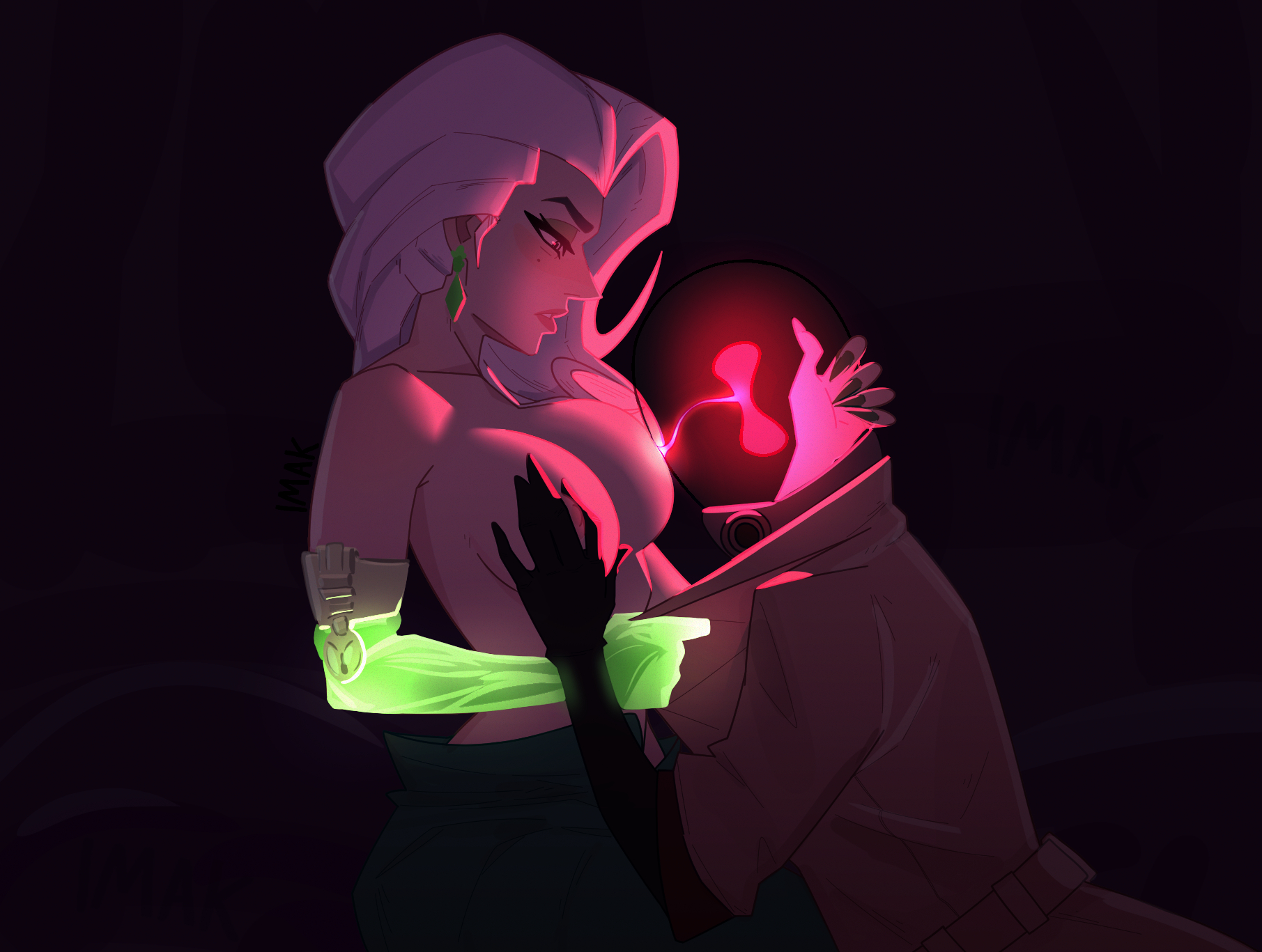 2026, 2girls, age difference, big breasts, breasts, clothed, clothed female nude female, deadlock, defnotimak, earrings, female, female only, fondling, helmet, hi res, holding breast, hourglass, huge breasts, lady geist, long hair, magic, nude, older female and younger female, paradox (deadlock), topless, white hair, yuri