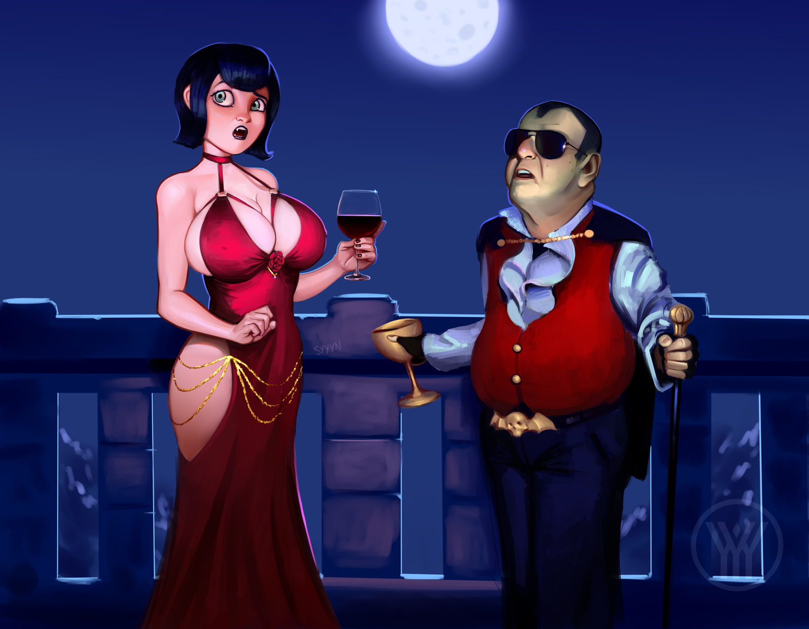1girls, big breasts, black hair, blue eyes, breasts, busty, cane, dracula flow, dress, female, goblet, goth, hotel transylvania, hourglass figure, jewelry, large breasts, lipstick, male, mavis dracula, painted nails, short hair, standing, sunglasses, syyyn (frostydude), vampire, wide hips, wine glass