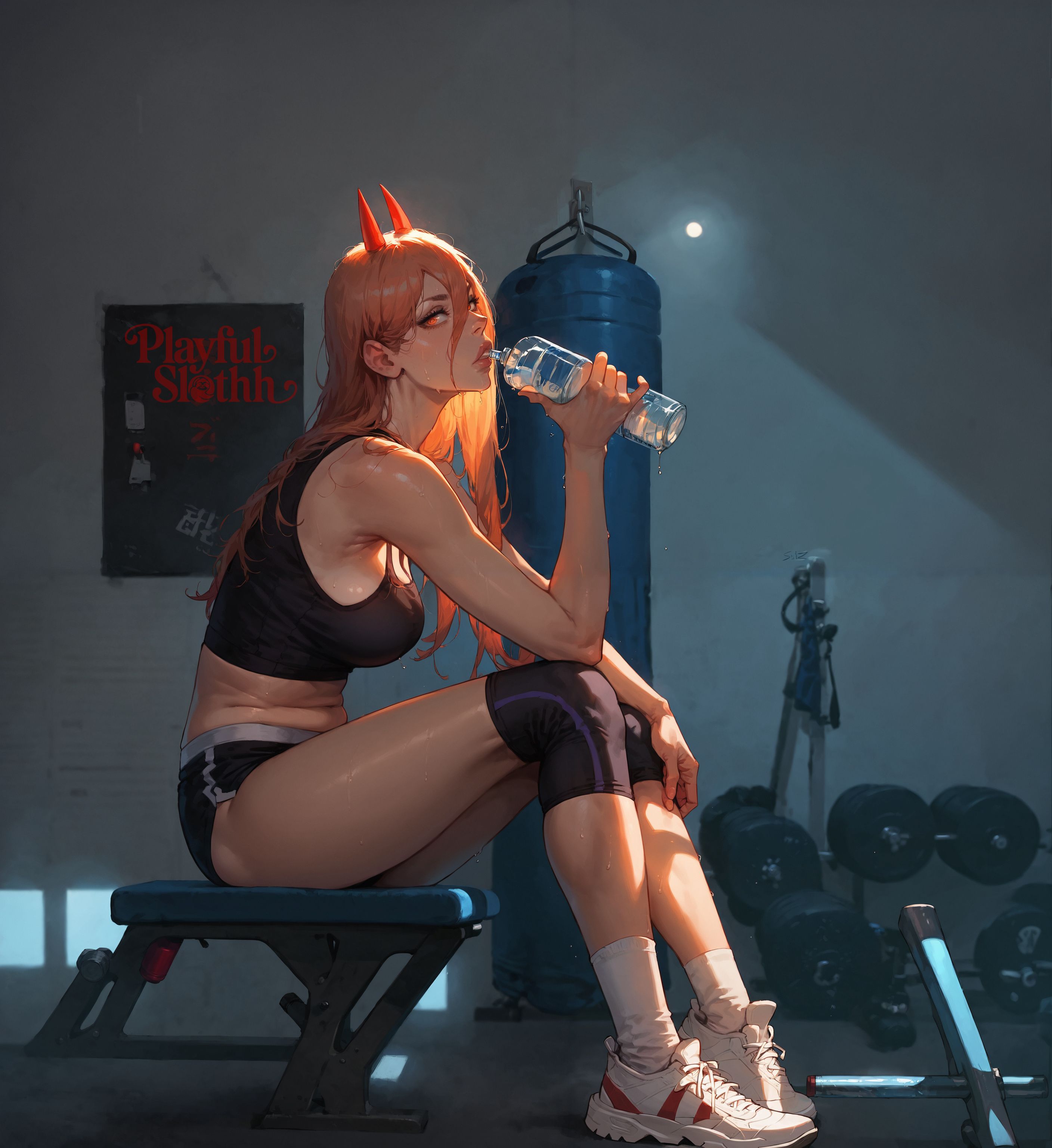 ai generated, blonde female, blonde hair, chainsaw man, dumbbell, gym, gym clothes, gym clothing, gym shirt, gym shorts, gym uniform, horns, playfulslothh, power (chainsaw man), red eyes, shoes, waterbottle