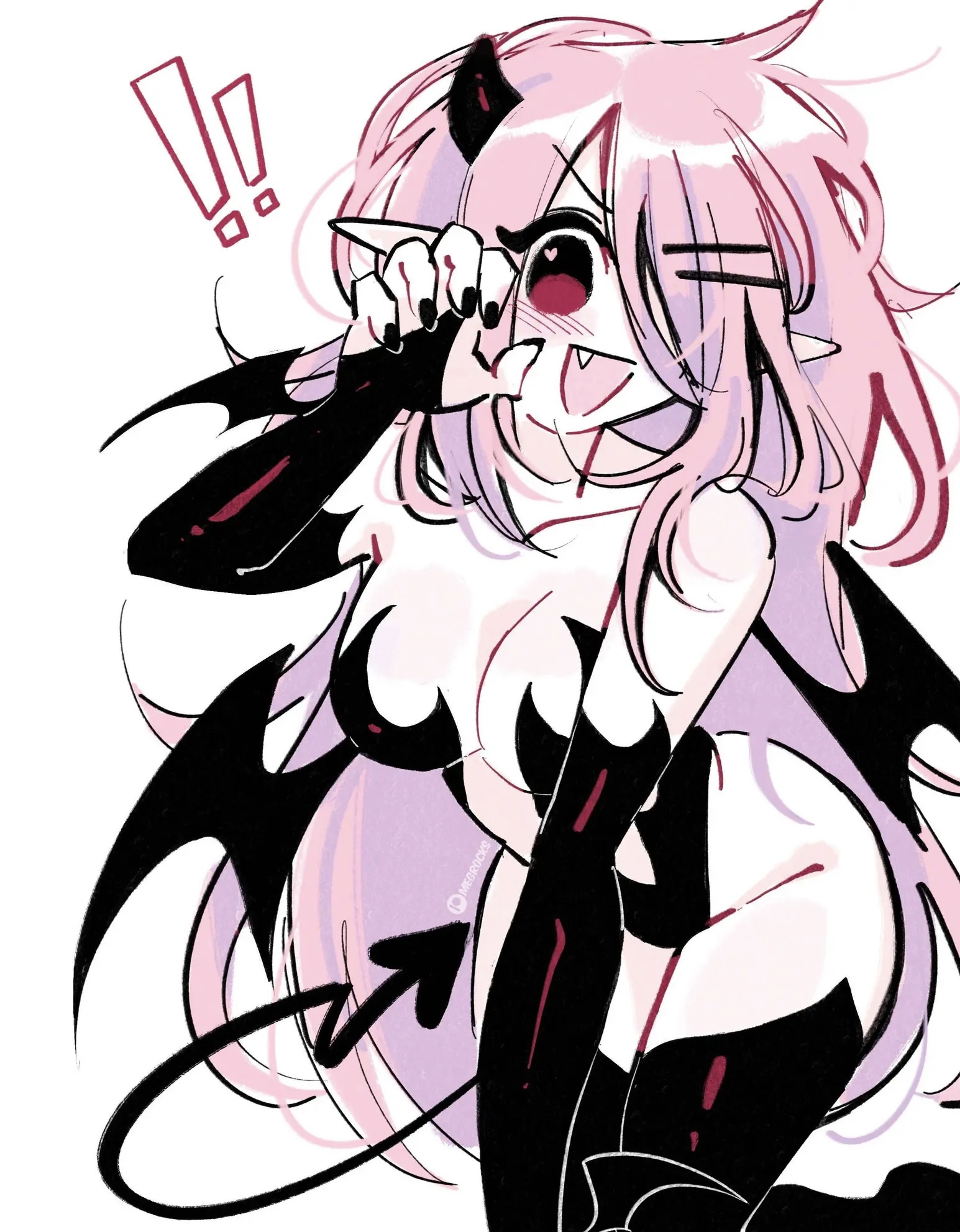 1girls, blush, breasts, cleavage, demon girl, demon horns, demon tail, exclamation point, female focus, female only, hair ornament, hair over one eye, horns, june (megrocks), long hair, looking at viewer, medium breasts, megrocks, oerba yun fang, open mouth, open smile, painted fingernails, painted nails, pink hair, pointy ears, simple background, smiling, smiling at viewer, solo, solo female, tail, white background