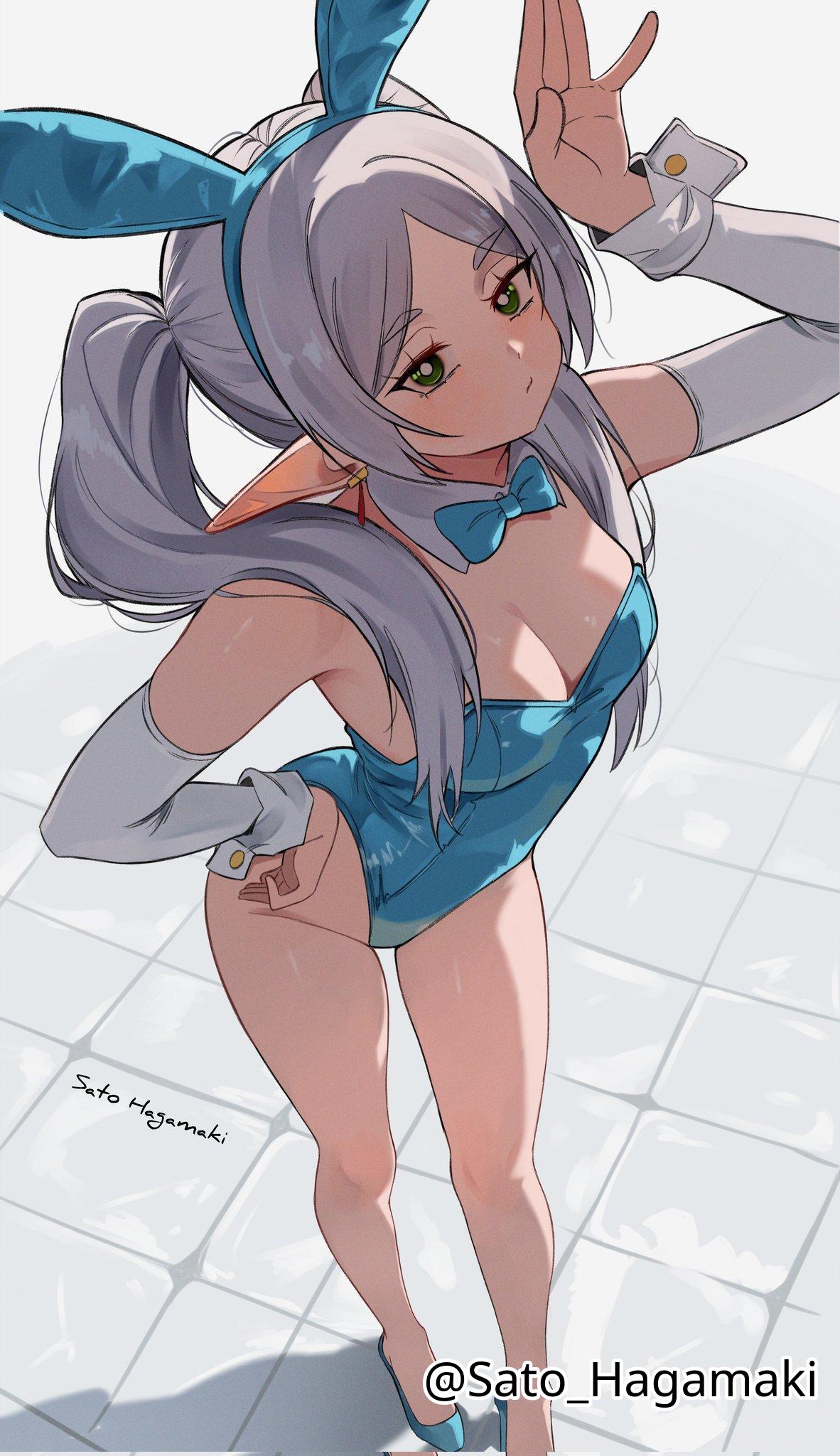 1girls, 2d, 2d (artwork), 2d artwork, adult, adult female, arm above head, arm up, average breasts, blank expression, blank eyes, blank stare, blue bowtie, blue bunny ears, blue bunnysuit, blue footwear, blue hairband, blue high heels, blue leotard, blue shoes, blue topwear, bored, bored expression, bowtie, breasts, bunny ears, bunnygirl, bunnygirl outfit, bunnysuit, cleavage, collar, collarbone, curvaceous, curvaceous body, curvaceous female, curvaceous figure, curvaceous hips, curvy, curvy body, curvy female, curvy figure, curvy hips, digital, digital art, digital drawing, digital drawing (artwork), digital media, digital media (artwork), earrings, elbows, elf, elf ear, elf ears, elf female, elf girl, emotionless, eyebrows visible through hair, female, female focus, female only, fingers, footwear, frieren, gilf, grandma, granny, green eyes, green-eyed female, groin, hand above head, hand up, head tilt, high heels, high resolution, highres, hourglass figure, inguinal crease, inguinal ligament, knees, lean figure, leaning, leaning forward, leotard, long hair, looking at viewer, mature, mature female, medium breasts, narrow waist, neutral expression, old female, parted bangs, pointy ears, posing, posing for the viewer, sato hagamaki, shoes, shoulders, simple background, sleeves, slender body, slender waist, slim waist, solo, sousou no frieren, standing, thigh gap, thighs, tilted head, topwear, twintails, twintails (hairstyle), white background, white collar, white hair, white pupils, white sleeves, white wrist cuffs, white-haired female, wide hips, wrist cuffs