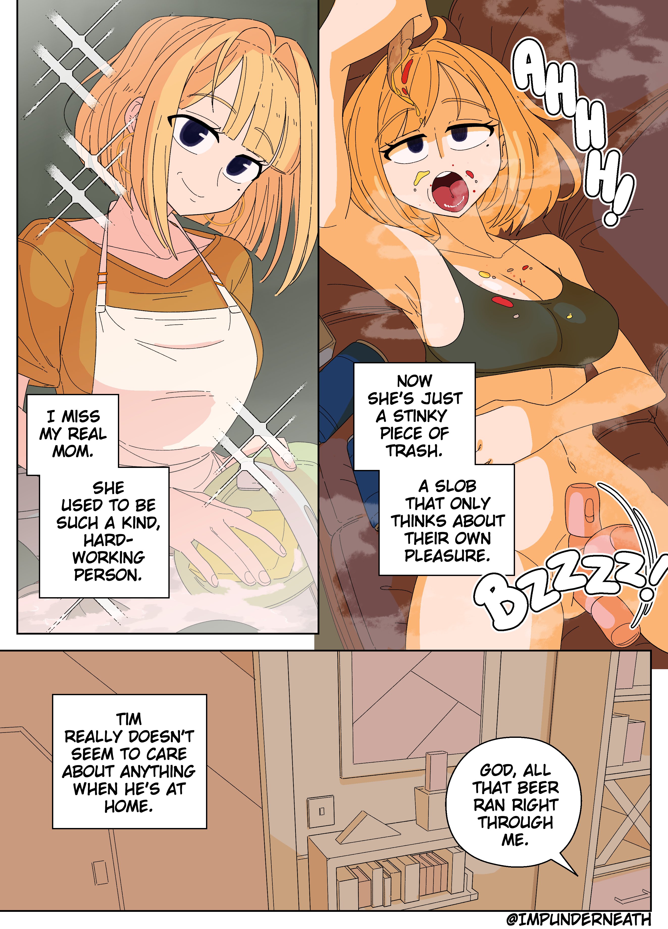 1girls, abuse, apron, beauty mark, big breasts, blonde female, blonde hair, blonde-haired female, blush, body costume, bottles, breasts, cleavage, color, comic, corruption, cruelty, curvy body, curvy figure, desecration, dirty, disguise, drinking, eating, eating food, eating pizza, ellie skinsuit, english text, female, female only, food, food on body, genderswap, genderswap (mtf), home, human costume, humansuit, identity theft, impersonation, imposter, impunderneath, kitchen, male in female body, maria (impunderneath), masturbation, mature female, mature woman, messy, messy hair, milf, mole under eye, mother, netorare, on couch, open mouth, original, original character, perfect disguise, pervert, pervert female, possessed, possession, short hair, short shirt, skinsuit, smelly, solo, solo female, sweat, sweaty, vibrator in pussy